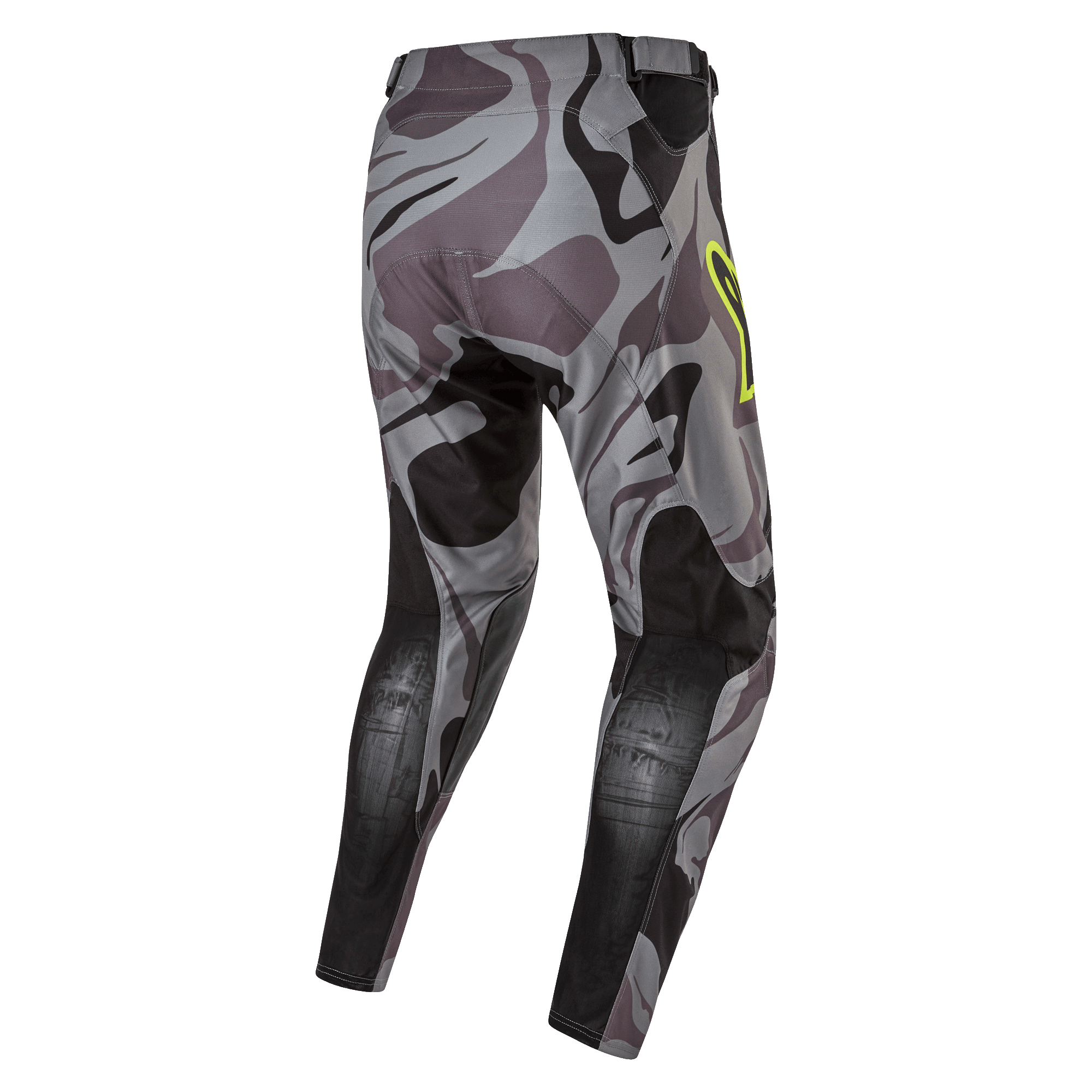 Alpinestars 2024 Racer Tactical Pants, calças de motocross, Cast Gray Camo Magnet, vista traseira com padrão de camuflagem cinzento e painéis reforçados pretos, detalhe do logótipo amarelo na anca, material técnico rip-stop para corridas todo-o-terreno