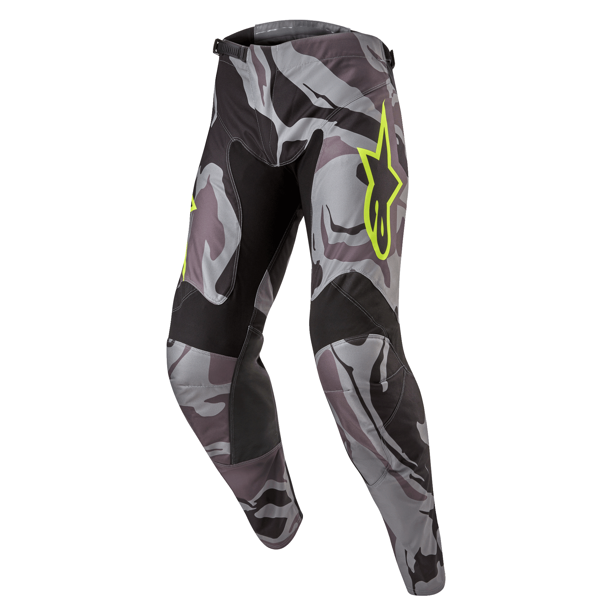 Alpinestars 2024 Racer Tactical Pants, calças de motocross, Cast Gray Camo Magnet, padrão de camuflagem cinzento e preto com logótipo Alpinestars amarelo néon, painéis pretos na zona interna das coxas e nos joelhos, corte desportivo pré-curvado para corridas todo-o-terreno