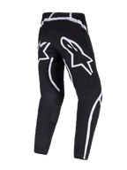 Alpinestars 2026 Fluid Apex Pants, calças de motocross, pretas e brancas, vista traseira com grande logótipo de estrela branca no assento, design ergonómico com detalhes curvos brancos, polifabric 600D durável para desempenho em todo-o-terreno