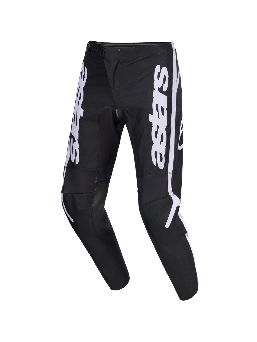 Alpinestars 2026 Fluid Apex Pants, calças de motocross, pretas e cinzentas, com logótipo astars vertical branco nas pernas, design ergonómico sport-fit pré-curvado, construção durável em polifabric 600D para condução todo-o-terreno