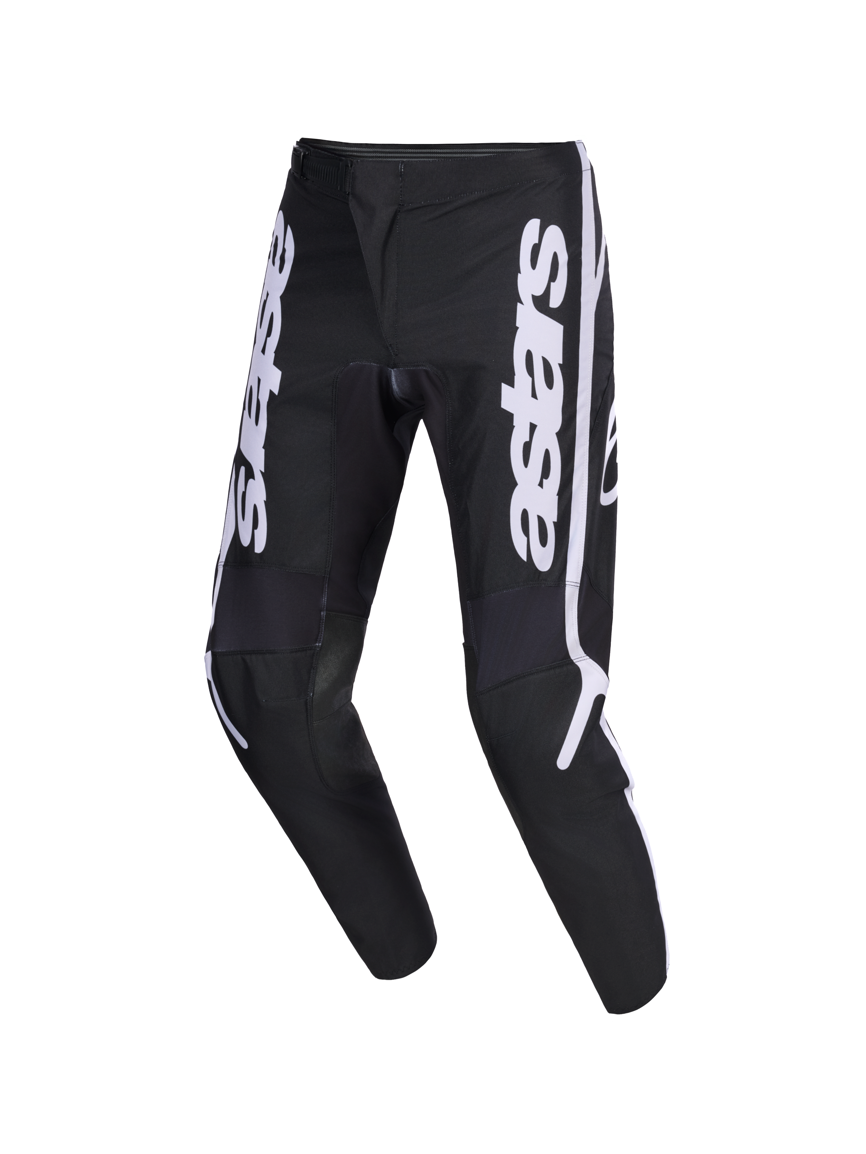 Alpinestars 2026 Fluid Apex Pants, calças de motocross, pretas e cinzentas, com logótipo astars vertical branco nas pernas, design ergonómico sport-fit pré-curvado, construção durável em polifabric 600D para condução todo-o-terreno