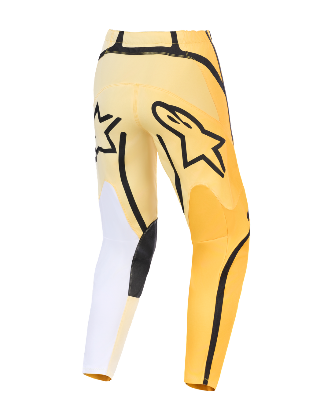 Calças Alpinestars 2026 Fluid Apex, calças de motocross, amarelas e pretas com detalhes brancos, vista traseira com logótipo Astars preto em destaque, design assimétrico com painéis reforçados duráveis e ajuste pré-curvado.