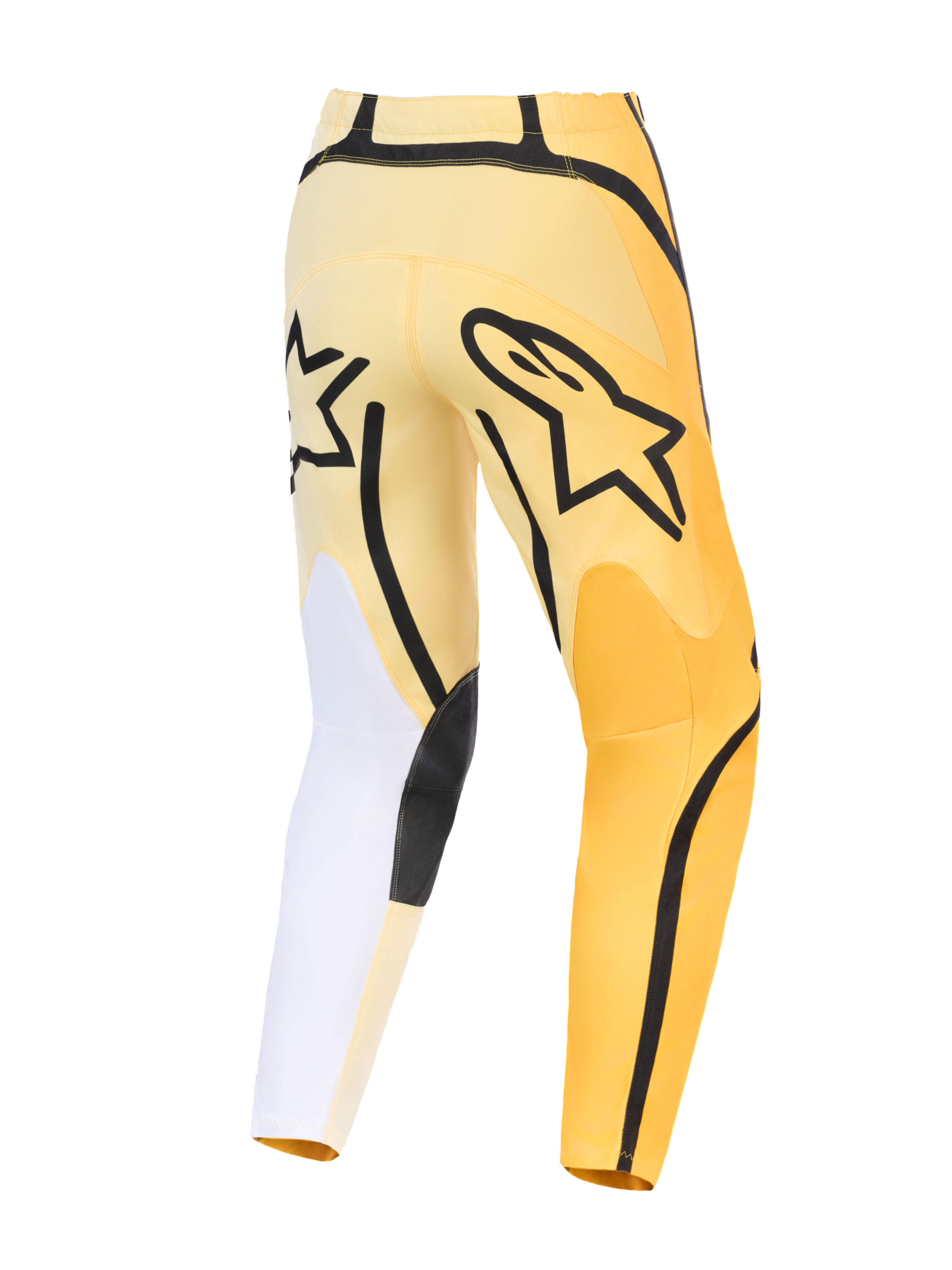 Calças Alpinestars 2026 Fluid Apex, calças de motocross, amarelas e pretas com detalhes brancos, vista traseira com logótipo Astars preto em destaque, design assimétrico com painéis reforçados duráveis e ajuste pré-curvado.