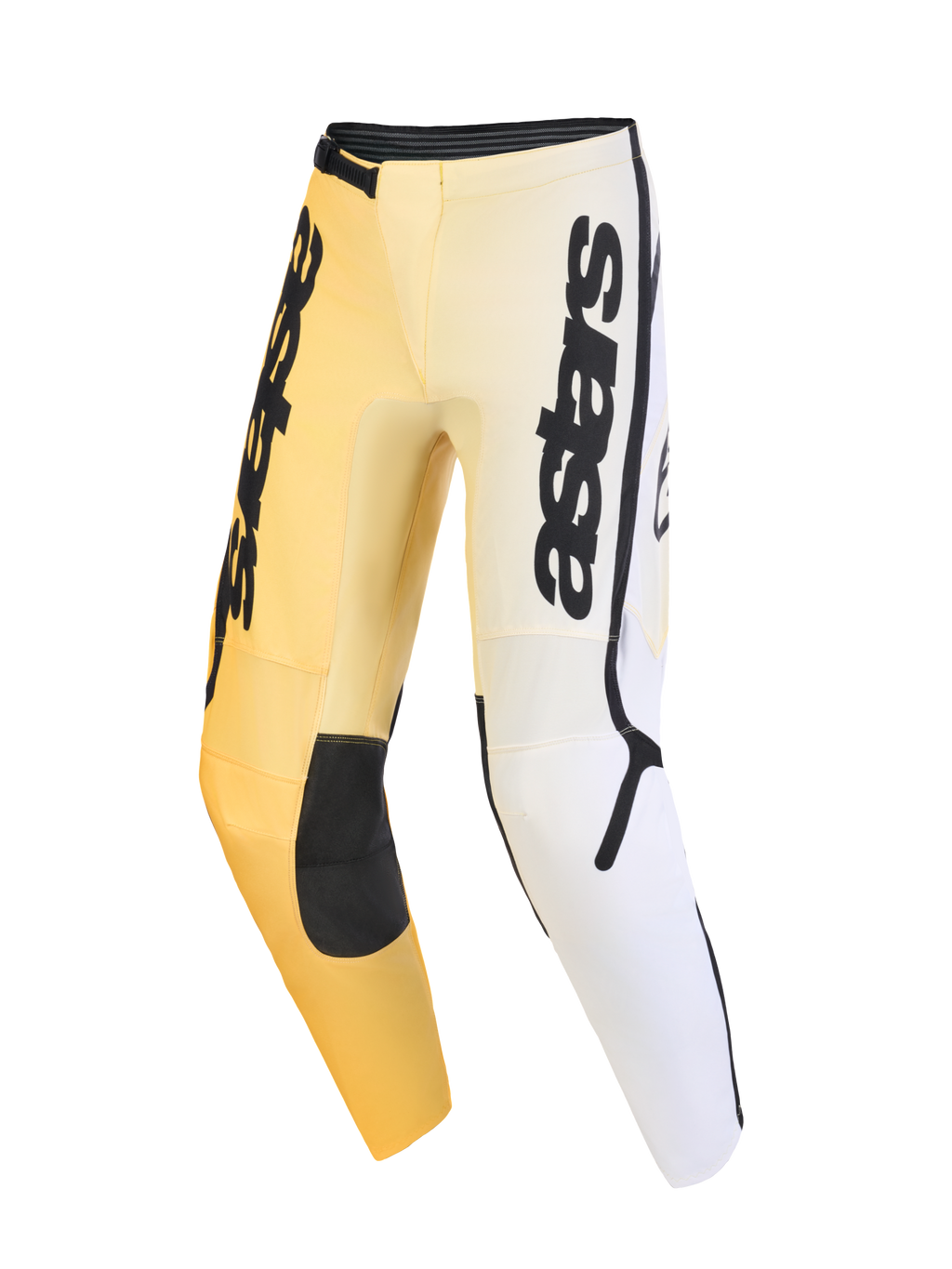 Alpinestars 2026 Fluid Apex Pants, calças de motocross, amarelas, brancas e pretas, com um padrão em degradê, marca 'astars' vertical de destaque nas coxas, painéis de reforço pretos nos joelhos e design ergonómico pré-curvado para desempenho em todo-o-terreno