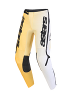 Alpinestars 2026 Fluid Apex Pants, calças de motocross, amarelas, brancas e pretas, com um padrão em degradê, marca 'astars' vertical de destaque nas coxas, painéis de reforço pretos nos joelhos e design ergonómico pré-curvado para desempenho em todo-o-terreno