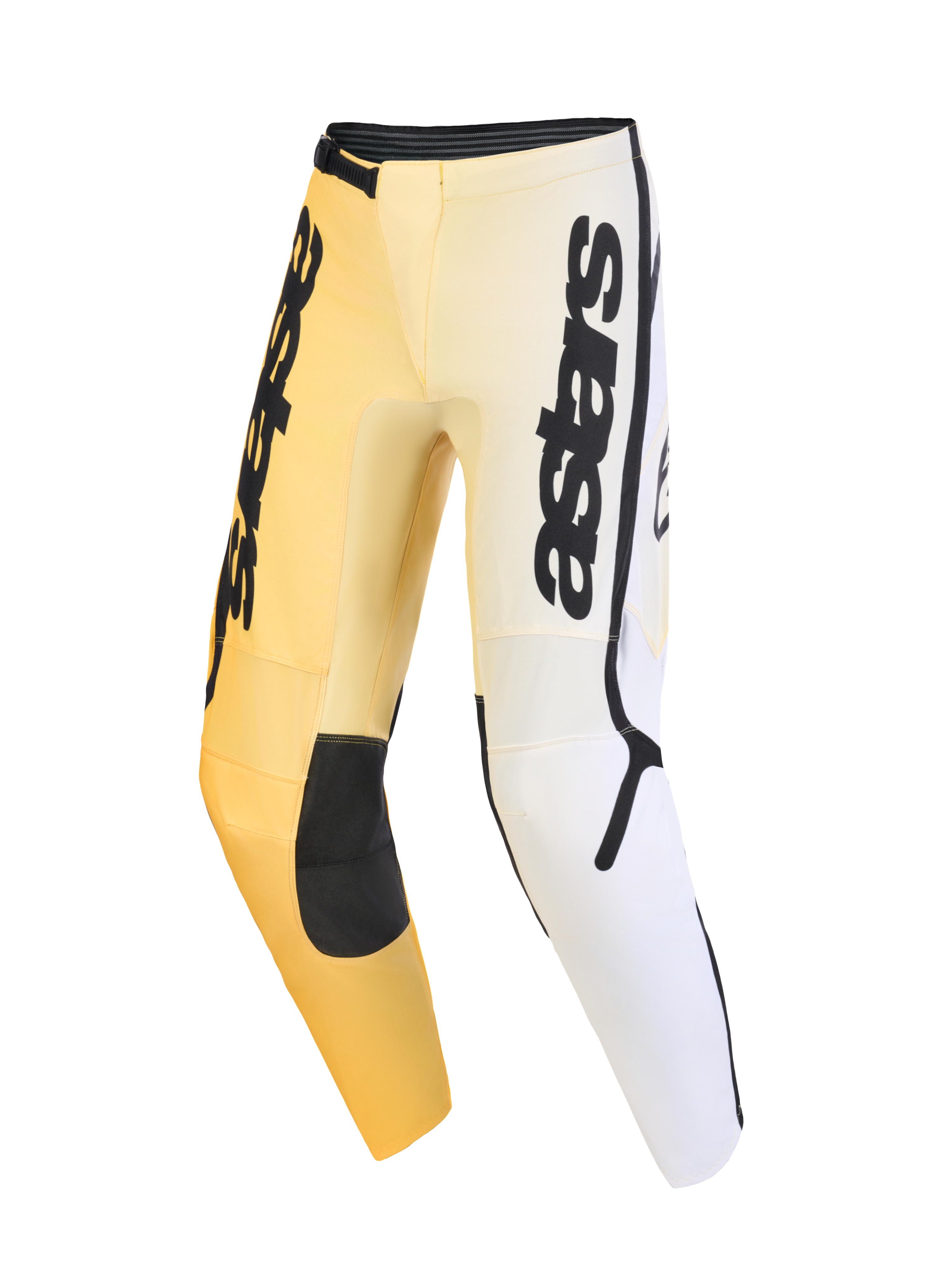 Alpinestars 2026 Fluid Apex Pants, calças de motocross, amarelas, brancas e pretas, com um padrão em degradê, marca 'astars' vertical de destaque nas coxas, painéis de reforço pretos nos joelhos e design ergonómico pré-curvado para desempenho em todo-o-terreno