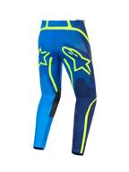 Alpinestars 2026 Fluid Apex Pants, calças de motocross, azul e amarelo fluo, vista traseira com grandes contornos do logótipo da estrela em amarelo, painéis internos dos joelhos reforçados e construção durável em polifabric para corridas todo-o-terreno