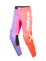 Alpinestars 2026 Fluid Apex Pants, calças de motocross, multicolor com gradiente de roxo, rosa e laranja, com logótipo astars branco e painéis internos dos joelhos reforçados em preto, design ergonómico 3D para condução todo-o-terreno