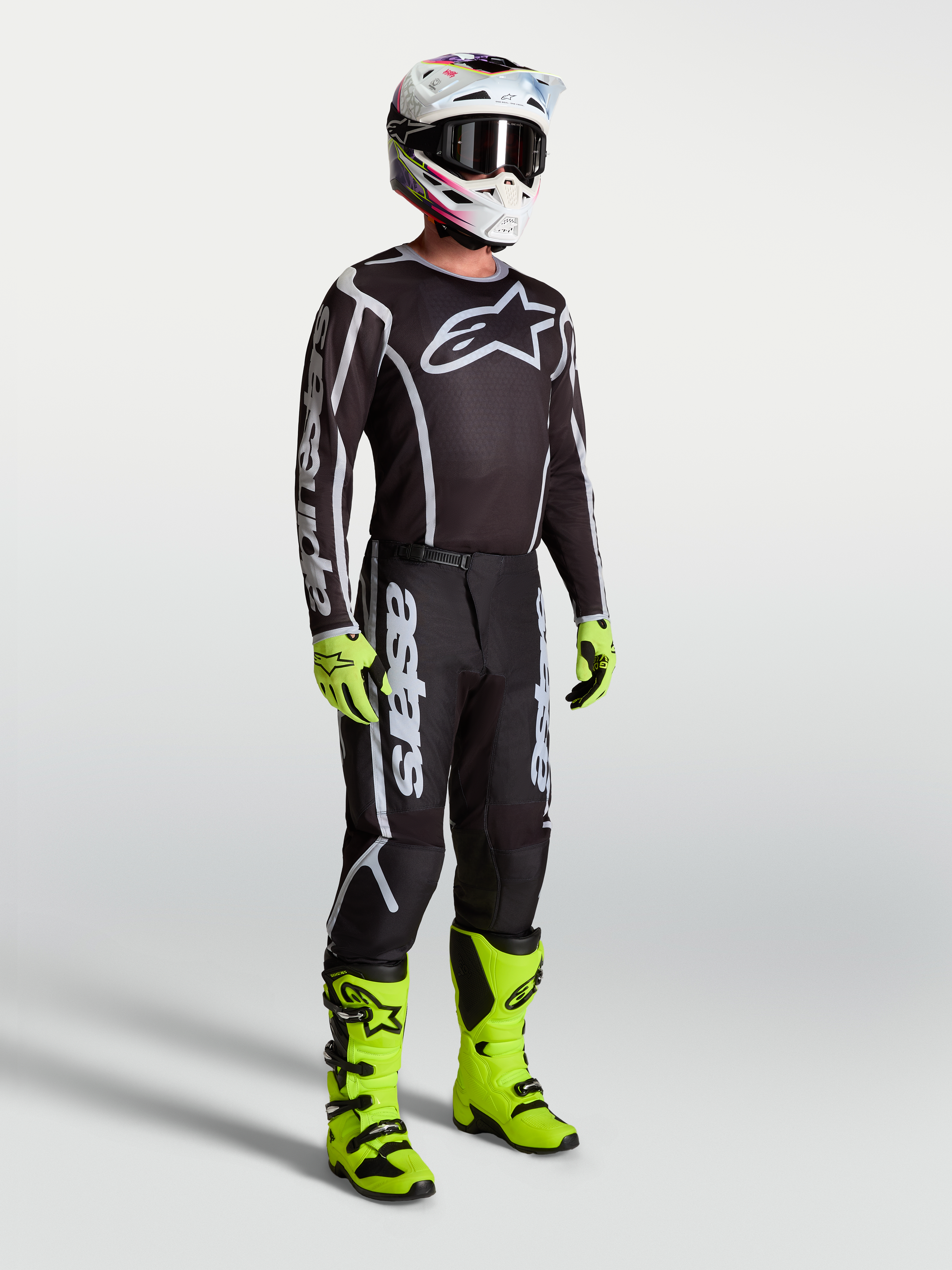 Alpinestars Calças Fluid Apex V2, calças de motocross para homem, pretas e prateadas, equipamento sintético durável para condução off-road