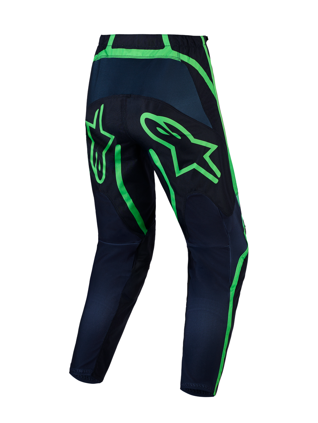 Alpinestars Calças Fluid Apex V2, calças de motocross para homem, pretas e verde fluo, vista traseira com logótipo, design de perna pré-curvada em polifabric 600D durável.