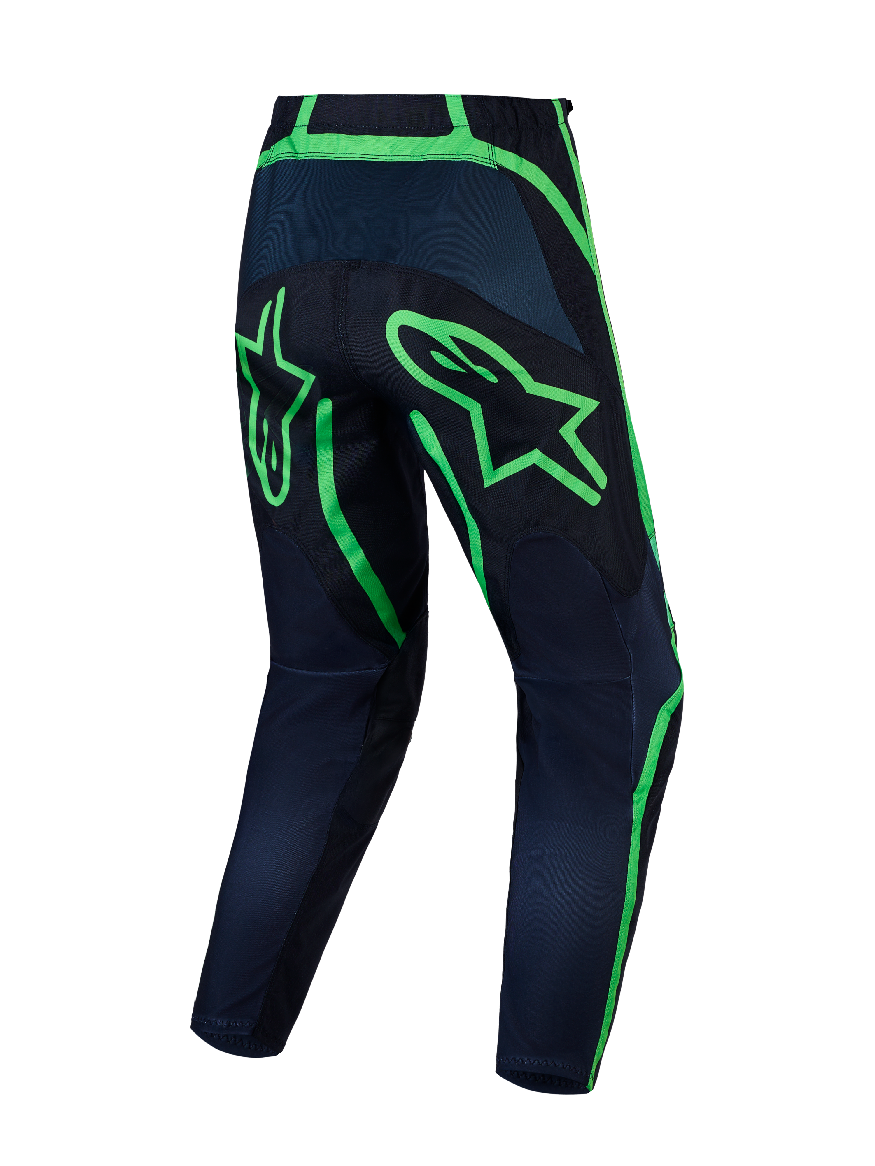 Alpinestars Calças Fluid Apex V2, calças de motocross para homem, pretas e verde fluo, vista traseira com logótipo, design de perna pré-curvada em polifabric 600D durável.