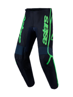 Alpinestars Fluid Apex V2, calças de motocross para homem, pretas e verdes fluo, construção 600D e pernas pré-curvadas.
