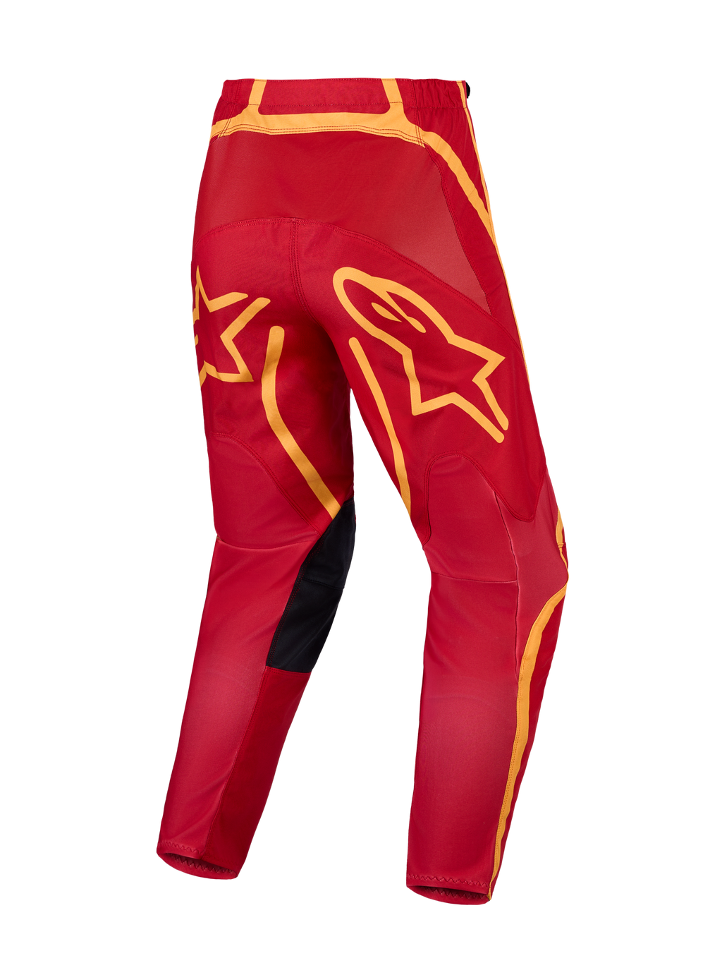 Alpinestars Fluid Apex V2, calças de motocross, vermelhas e douradas, vista traseira, assento reforçado e gráficos de estrela