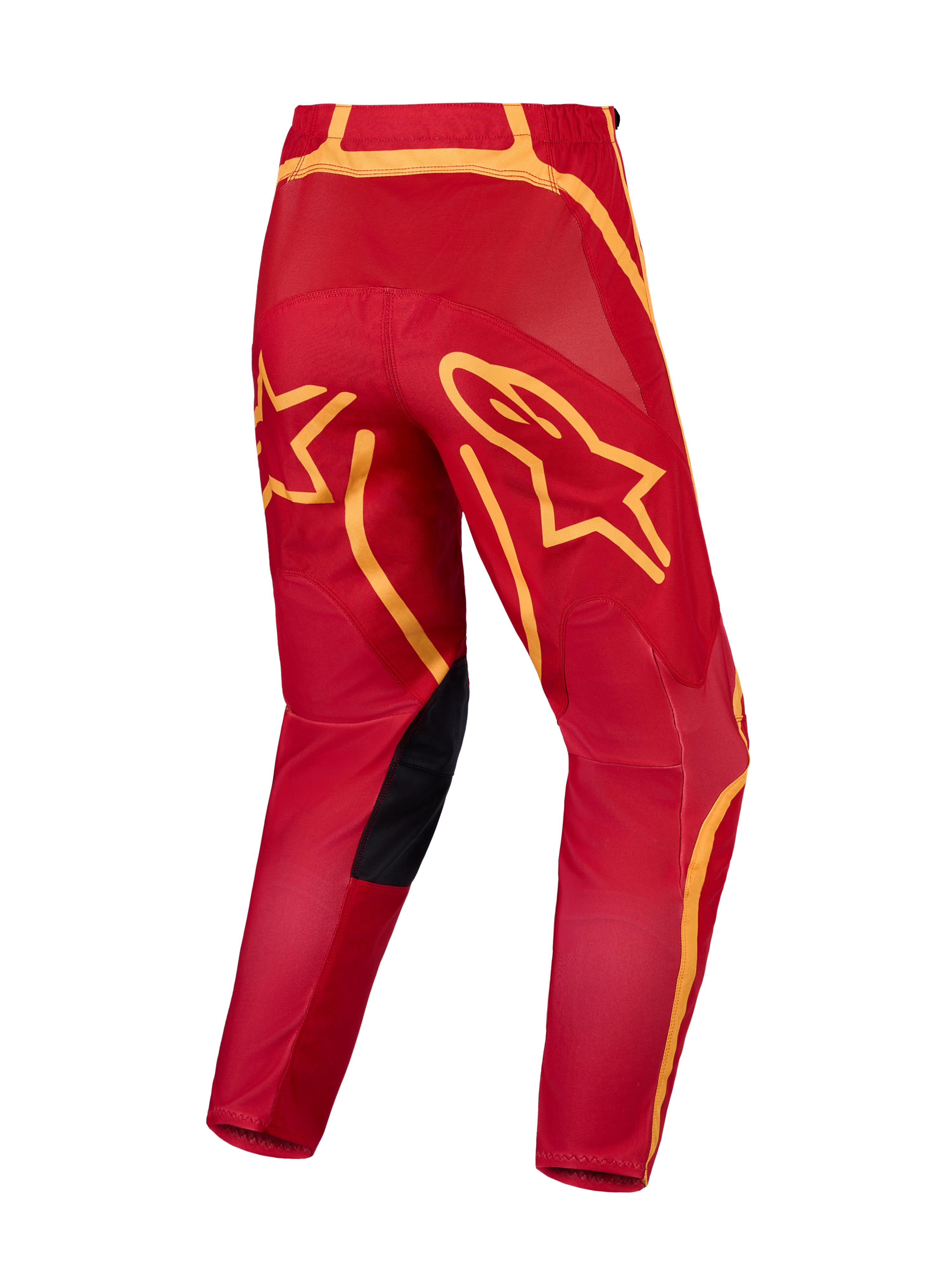 Alpinestars Fluid Apex V2, calças de motocross, vermelhas e douradas, vista traseira, assento reforçado e gráficos de estrela