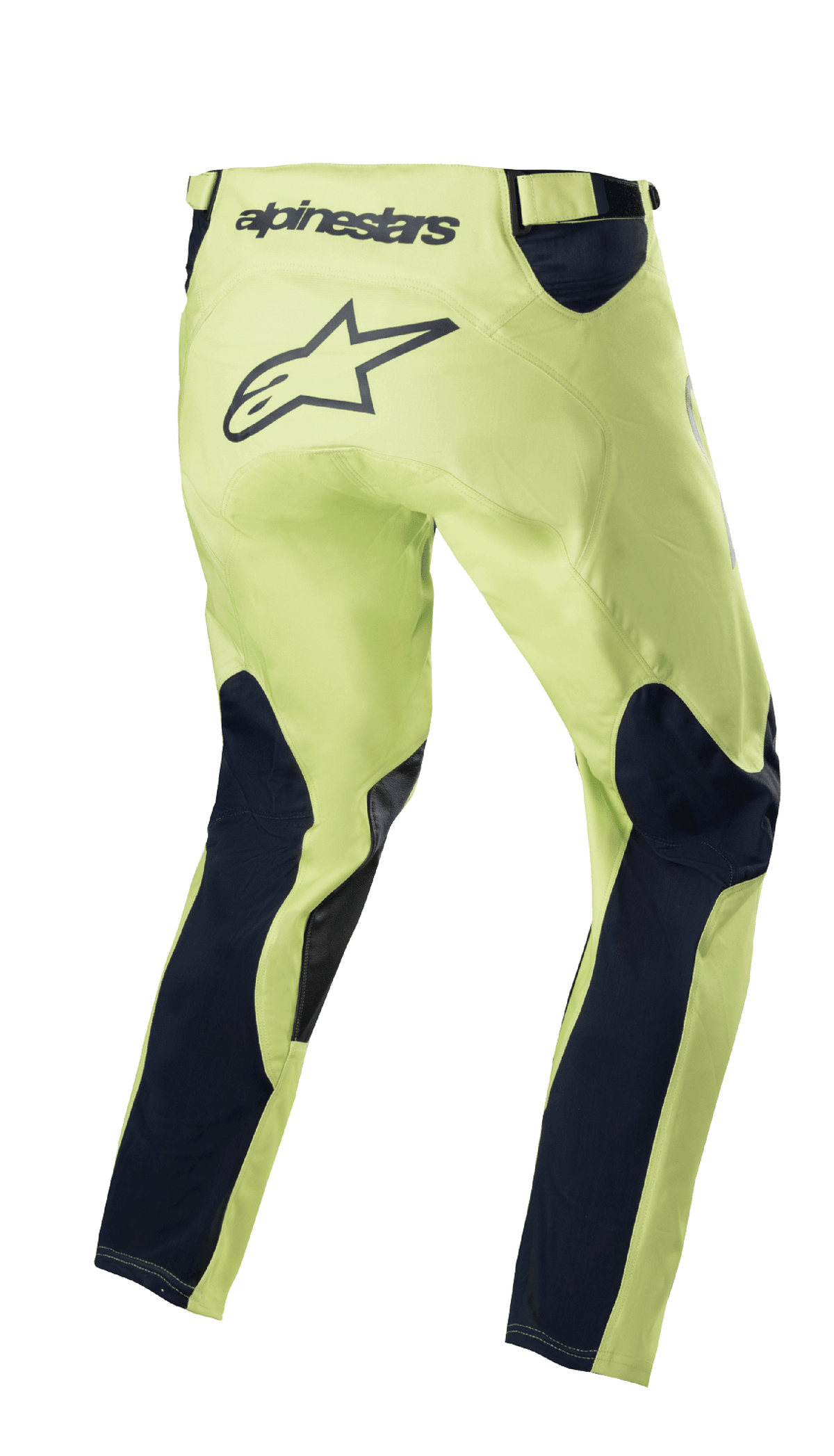 Alpinestars 2023 Racer Hoen Pants, calças de motocross, Verde Fluorite e Azul Marinho Noite, vista traseira com chassi verde néon e painéis das pernas em azul-marinho, grande logótipo de estrela preto na zona do assento, design ergonómico pré-curvado para competição todo-o-terreno