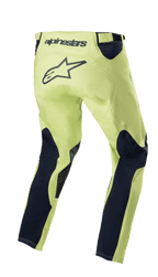 Alpinestars 2023 Racer Hoen Pants, calças de motocross, Verde Fluorite e Azul Marinho Noite, vista traseira com chassi verde néon e painéis das pernas em azul-marinho, grande logótipo de estrela preto na zona do assento, design ergonómico pré-curvado para competição todo-o-terreno