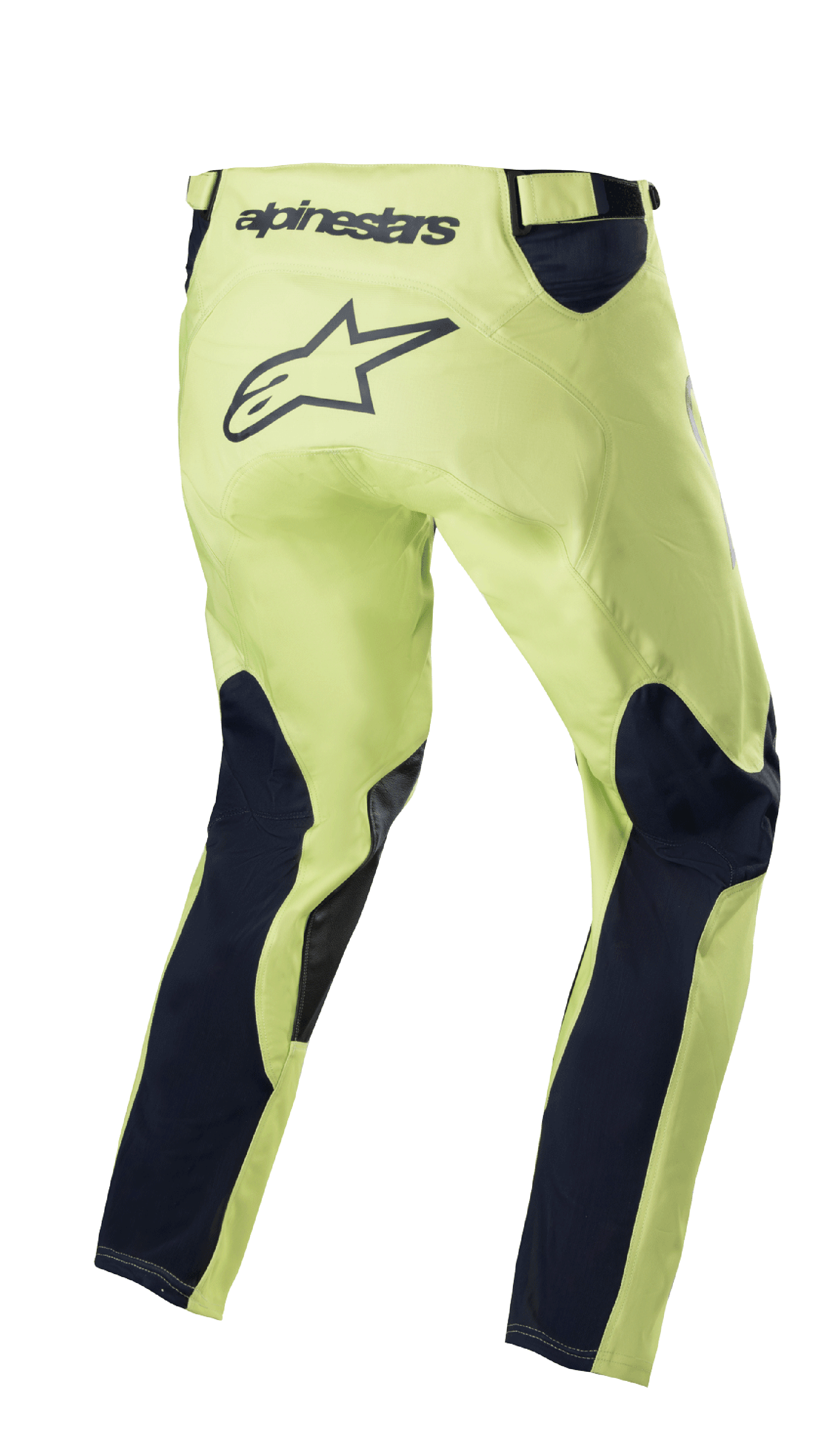 Alpinestars 2023 Racer Hoen Pants, calças de motocross, Verde Fluorite e Azul Marinho Noite, vista traseira com chassi verde néon e painéis das pernas em azul-marinho, grande logótipo de estrela preto na zona do assento, design ergonómico pré-curvado para competição todo-o-terreno