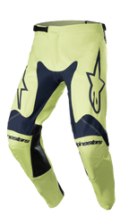 Alpinestars 2023 Racer Hoen Pants, calças de motocross, azul-marinho e verde fluorite, grandes logótipos de estrela nas coxas, patches de pele preta na parte interna das pernas, construção ergonómica pré-curvada e fecho de cintura por catraca