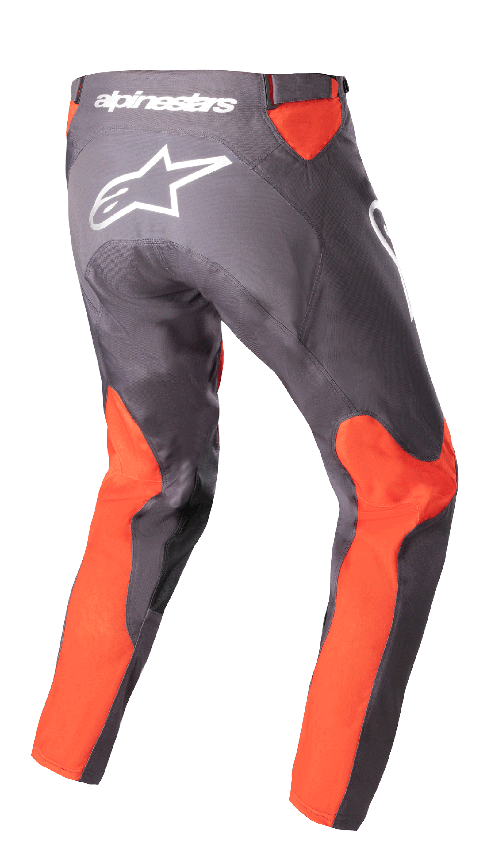 Alpinestars 2023 Racer Hoen Pants, calças de motocross, Magnet Hot Orange, vista traseira com logótipo e marca nominativa Alpinestars em branco, painéis em cor-de-laranja vibrante nas pernas e na cintura, construção durável em tecido poli 600D para todo-o-terreno