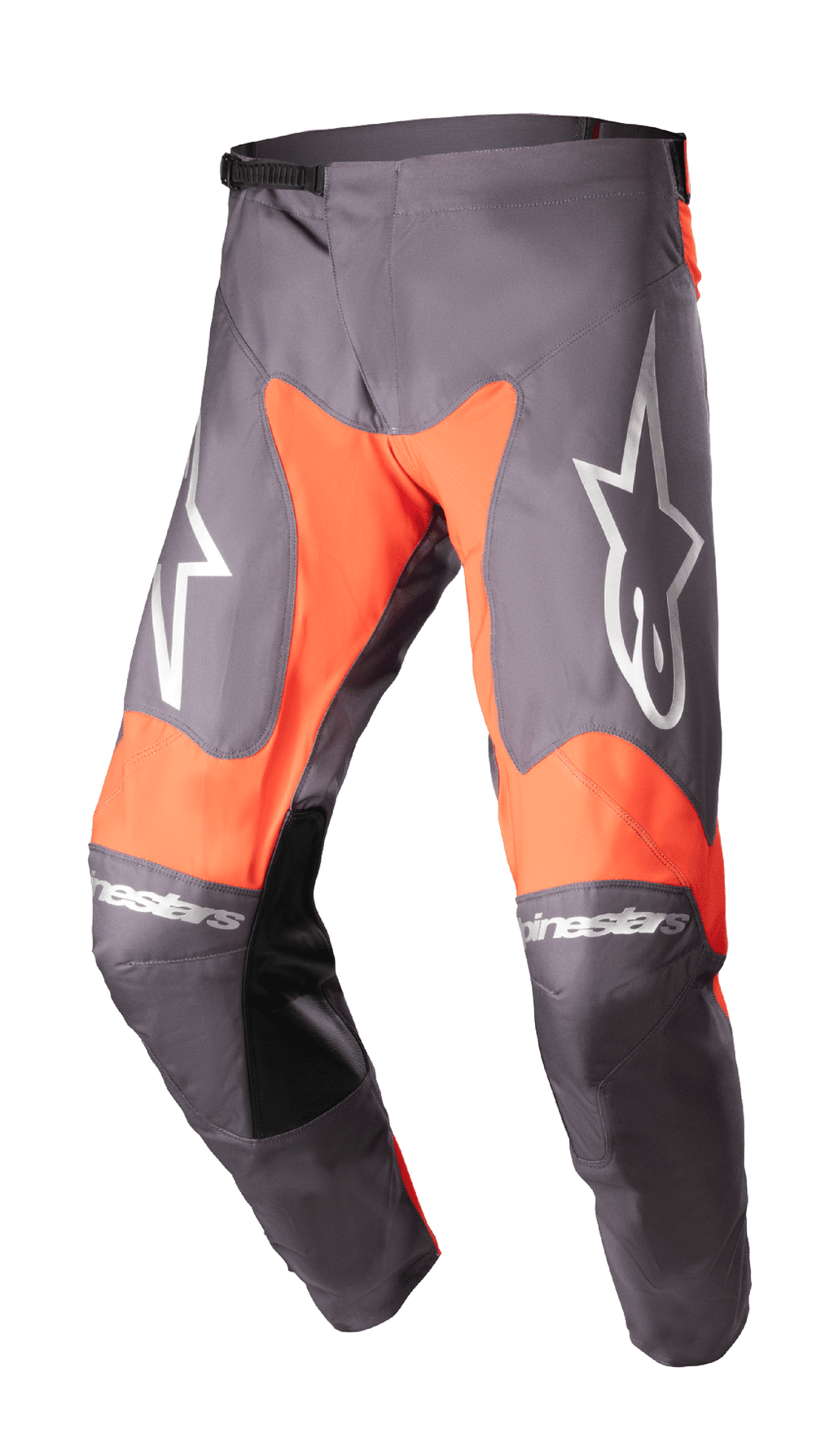 Alpinestars 2023 Racer Hoen Pants, calças de motocross, Magnet e laranja vivo, grandes logótipos de estrela brancos nas coxas, painéis interiores dos joelhos em pele preta, ajuste de cintura por catraca, construção durável para corridas todo-o-terreno