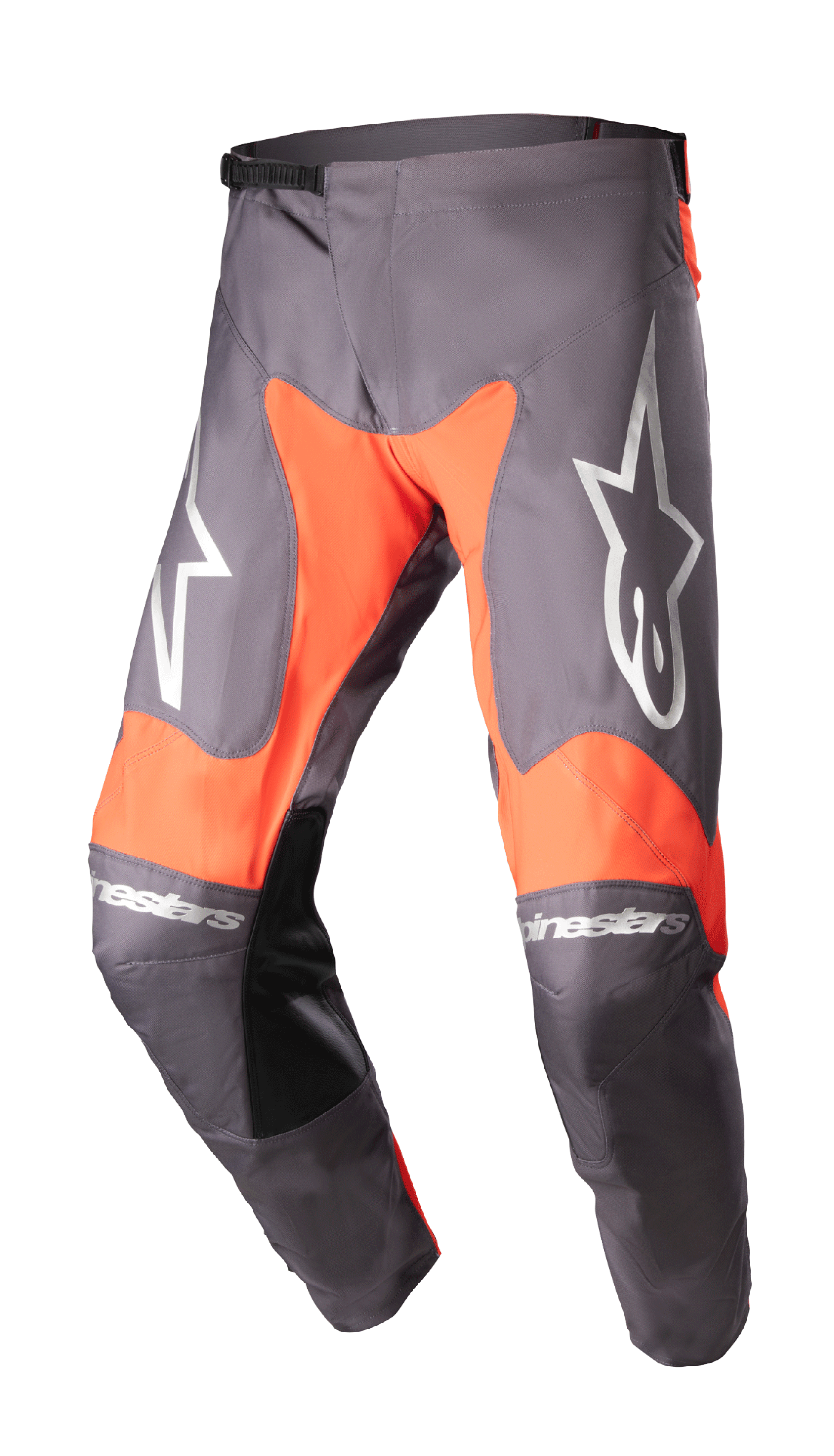 Alpinestars 2023 Racer Hoen Pants, calças de motocross, Magnet e laranja vivo, grandes logótipos de estrela brancos nas coxas, painéis interiores dos joelhos em pele preta, ajuste de cintura por catraca, construção durável para corridas todo-o-terreno