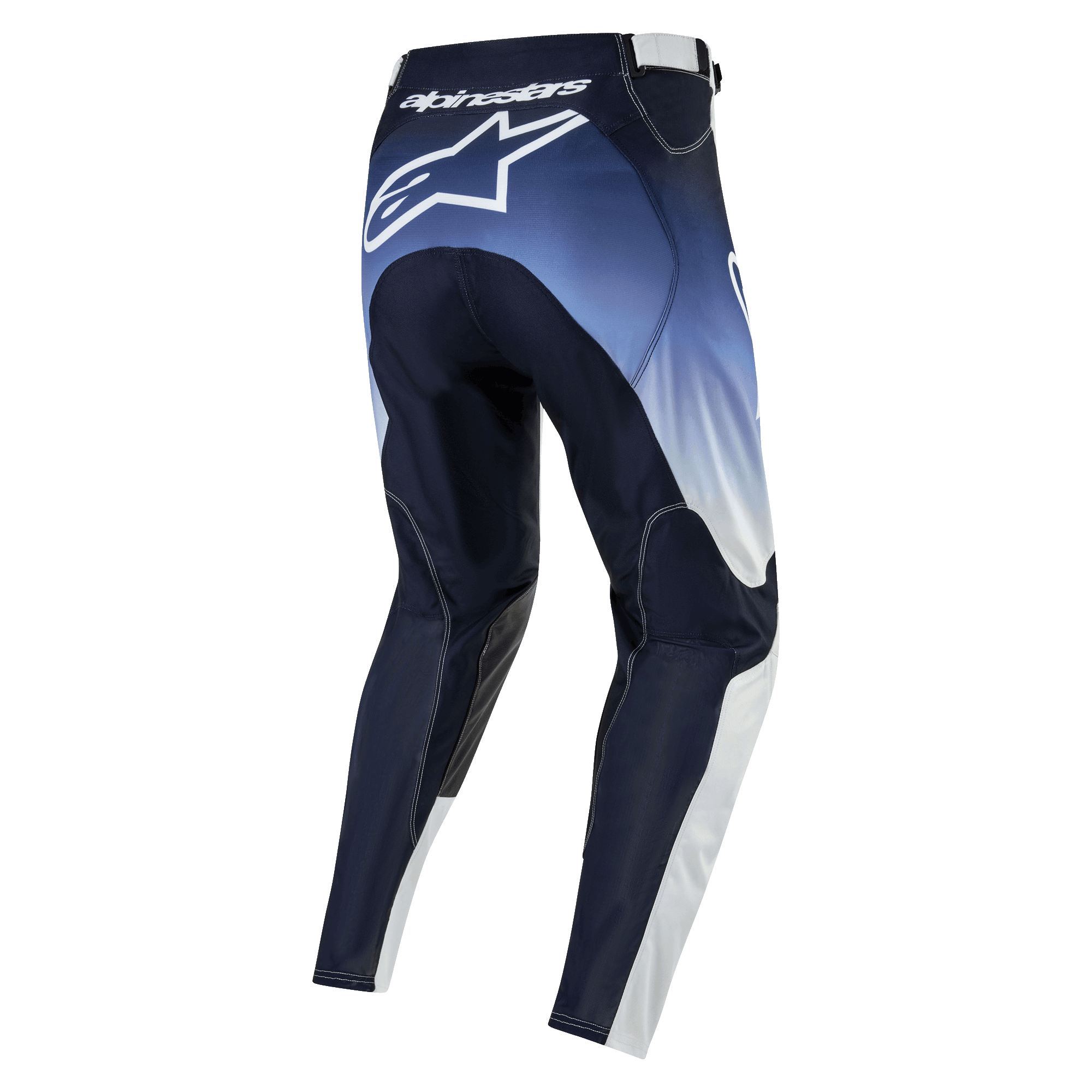 Alpinestars 2024 Racer Hoen Calças, calças de motocross, azul marinho escuro, azul claro e branco, vista traseira com logótipo Alpinestars, design ergonómico e desportivo para pilotagem off-road