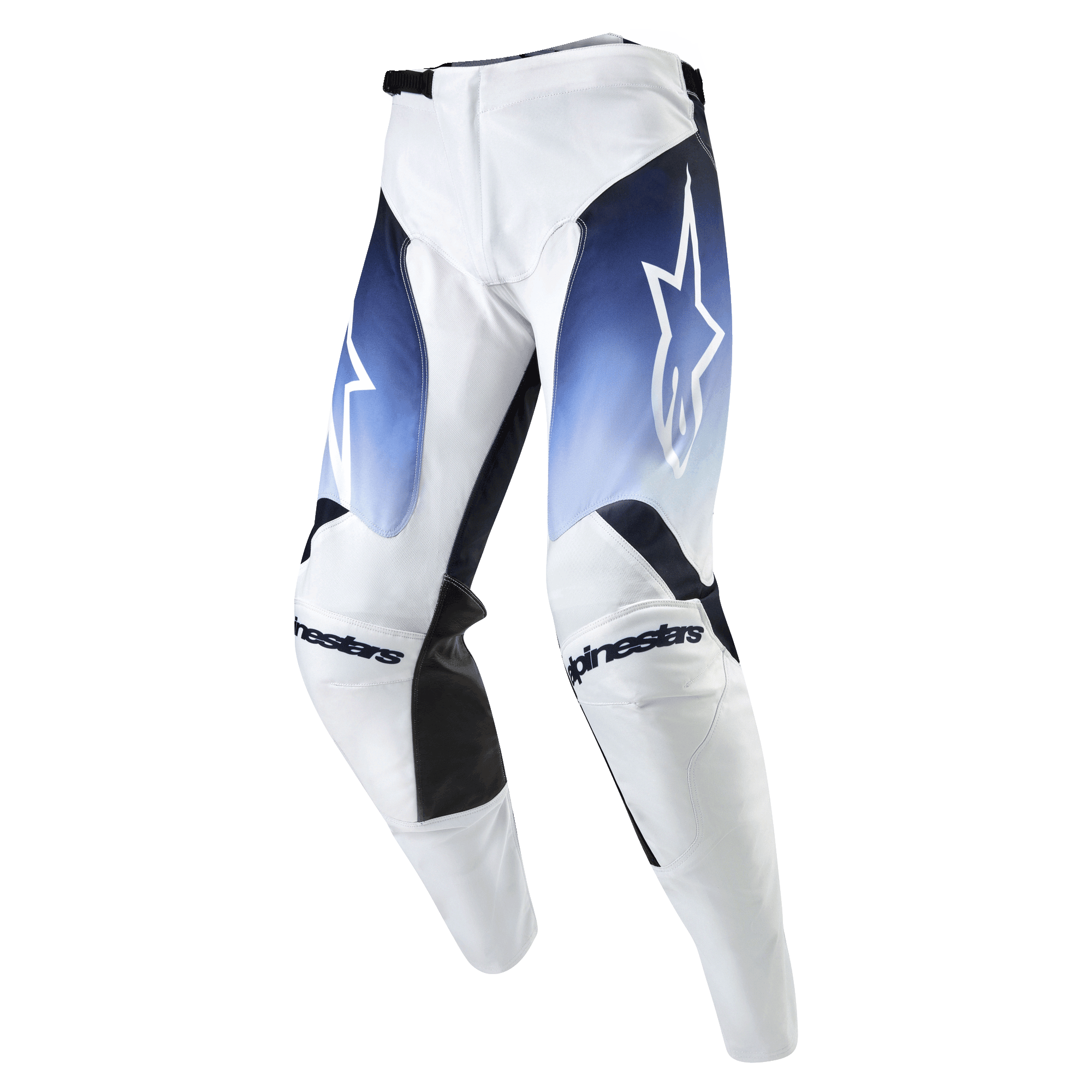 Alpinestars 2024 Racer Hoen Pants, calças de motocross, brancas com detalhes em azul marinho e azul claro, logótipos de estrela brancos nas coxas, painéis pretos nos joelhos e design ergonómico de alta performance.
