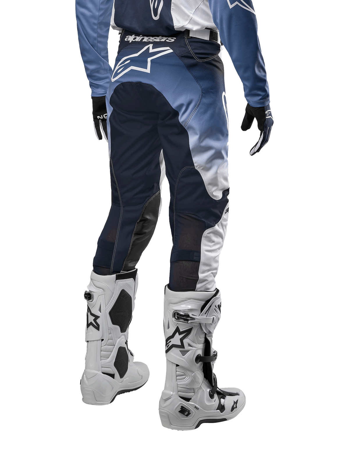 Alpinestars 2024 Racer Hoen Pants, calças de motocross, branco, azul-marinho e azul-claro, vista traseira com logótipo branco, painéis elásticos e respiráveis, equipamento de alto desempenho para off-road