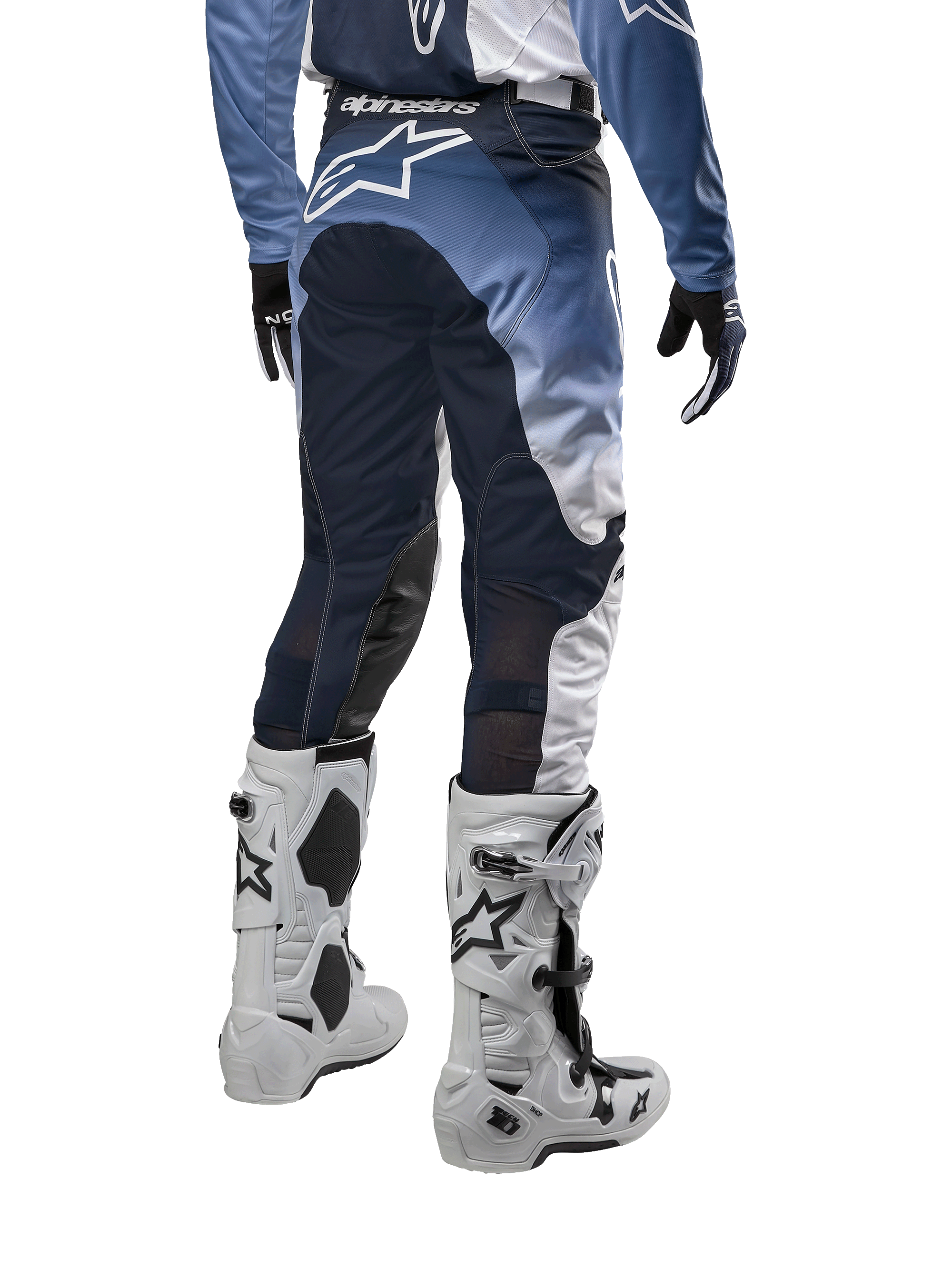 Alpinestars 2024 Racer Hoen Pants, calças de motocross, branco, azul-marinho e azul-claro, vista traseira com logótipo branco, painéis elásticos e respiráveis, equipamento de alto desempenho para off-road