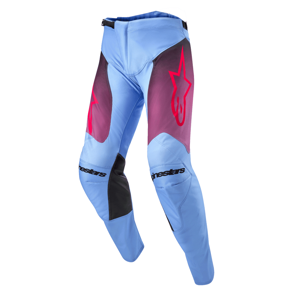 Alpinestars 2024 Racer Hoen Pants, Motocross Pants, Lavan Purple and Black, light blue lavender chassis with purple fade thigh panels and pink star logo, black inner knee panels, pre-curved ergonomic design for off-road performance
