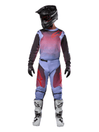 Motocross rider wearing complete racing gear, Alpinestars 2024 Racer Hoen Jersey and Pants, Lavan Purple and Black with red accents, black helmet, white and black boots, black gloves, coordinated outfit for off-road racing