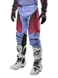 Alpinestars 2024 Racer Hoen Pants, Motocross Pants, Lavan Purple and Black with red graphics, featuring red star logos on the thighs and black lettering on the knees, worn with white and black boots and black gloves