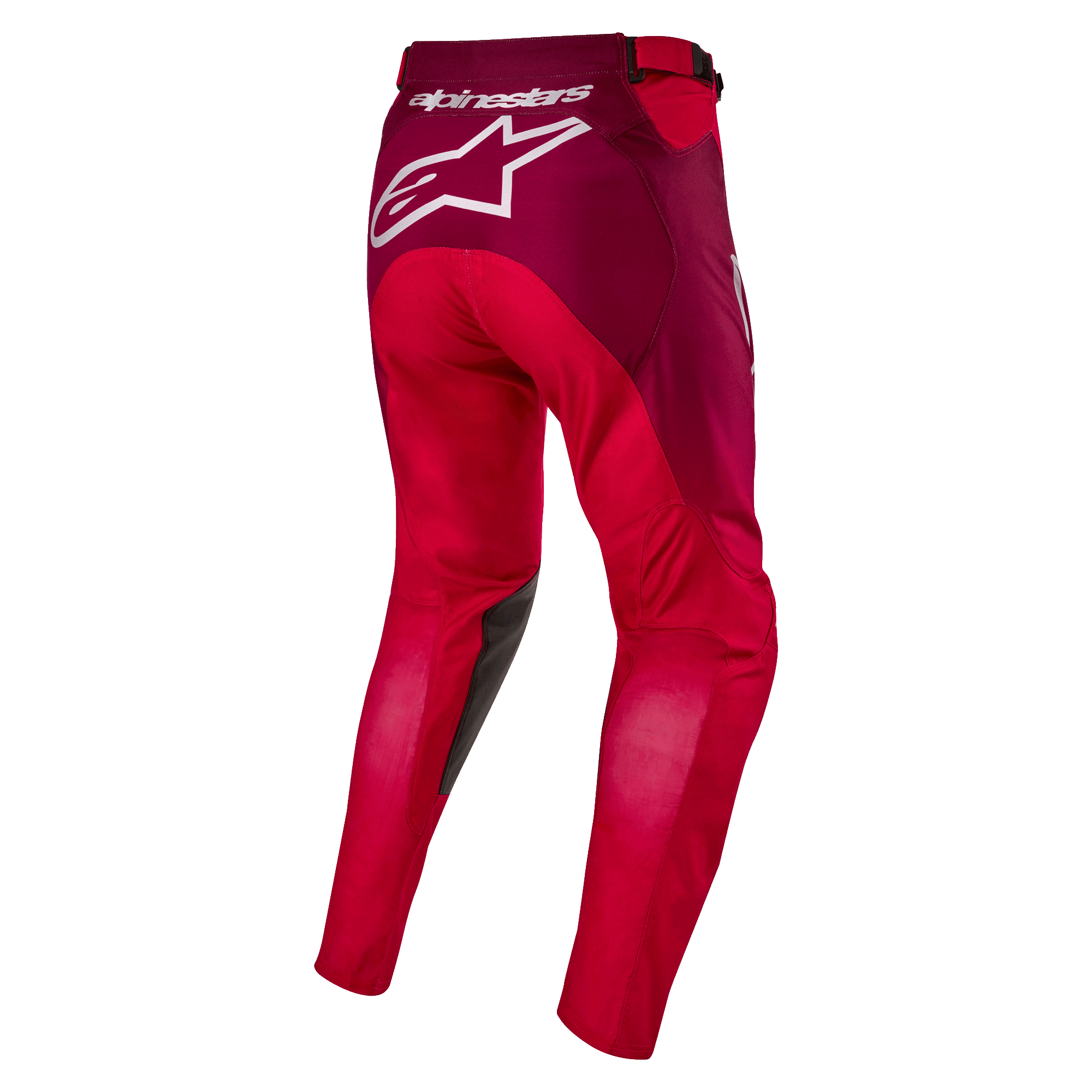 Alpinestars 2024 Racer Hoen Pants, calças de motocross, Vermelho Marte e Borgonha, vista traseira com grande logótipo Alpinestars branco no assento, construção de perna ergonómica pré-curvada, material têxtil durável para corridas todo-o-terreno
