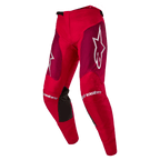 Alpinestars 2024 Racer Hoen Pants, calças de motocross, em vermelho e borgonha, com painéis de borgonha nas coxas e logótipo Alpinestars branco nos joelhos e ancas, painéis interiores de aderência pretos nos joelhos, design desportivo pré-curvado para performance todo-o-terreno