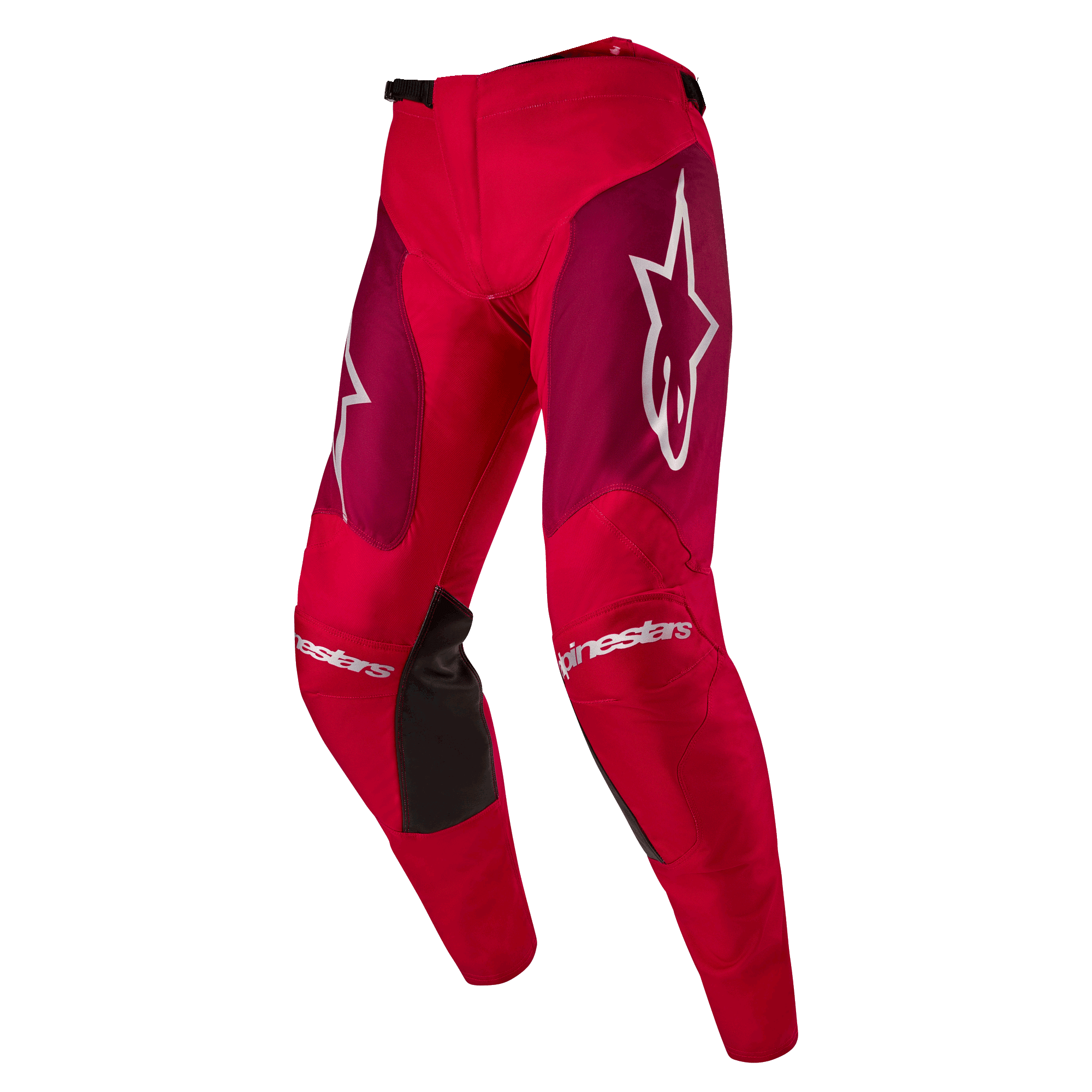 Alpinestars 2024 Racer Hoen Pants, calças de motocross, em vermelho e borgonha, com painéis de borgonha nas coxas e logótipo Alpinestars branco nos joelhos e ancas, painéis interiores de aderência pretos nos joelhos, design desportivo pré-curvado para performance todo-o-terreno