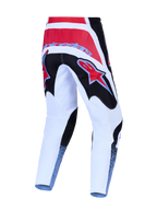 Alpinestars Fluid Drag, calças de motocross brancas, vermelhas e pretas, vista traseira, construção resistente 600D.