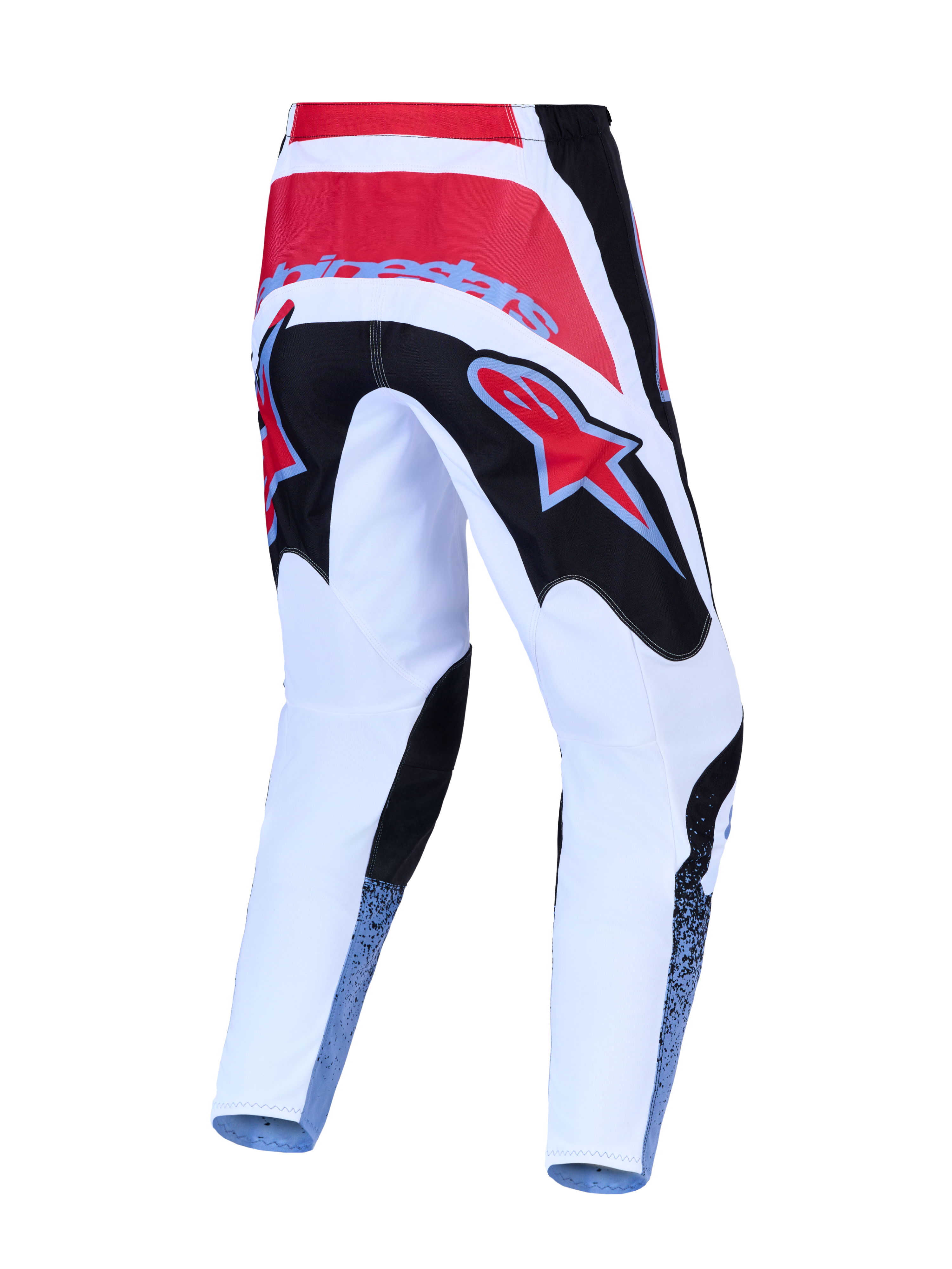 Alpinestars Fluid Drag, calças de motocross brancas, vermelhas e pretas, vista traseira, construção resistente 600D.