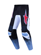 Alpinestars Fluid Drag, calças de motocross pretas e azuis, logótipo de estrela vermelha, em poliéster 600D resistente