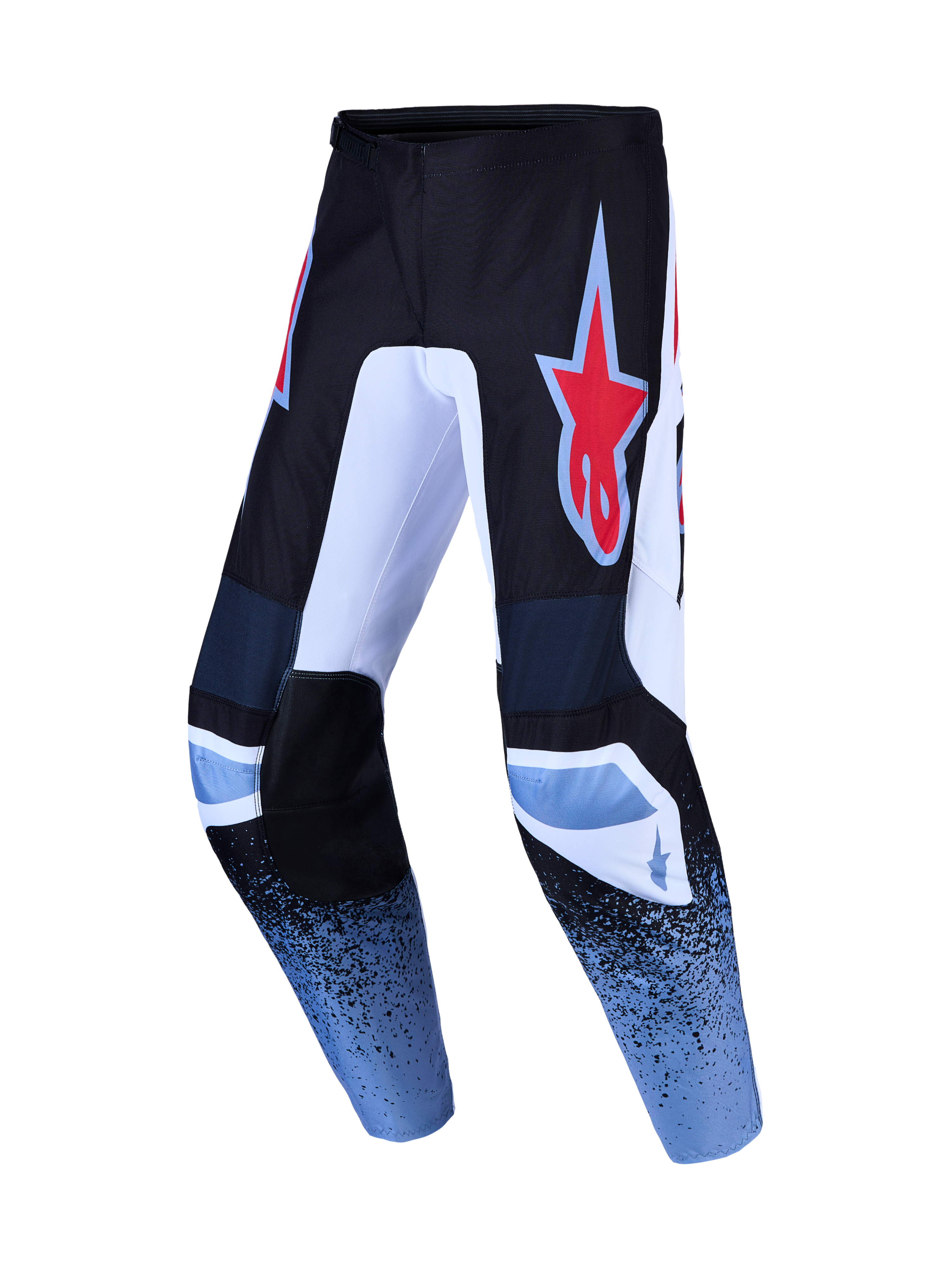 Alpinestars Fluid Drag, calças de motocross pretas e azuis, logótipo de estrela vermelha, em poliéster 600D resistente
