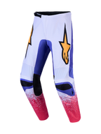 Alpinestars Fluid Drag, calças de motocross todo-o-terreno brancas e azuis, com gráficos rosa salpicados e logótipo amarelo
