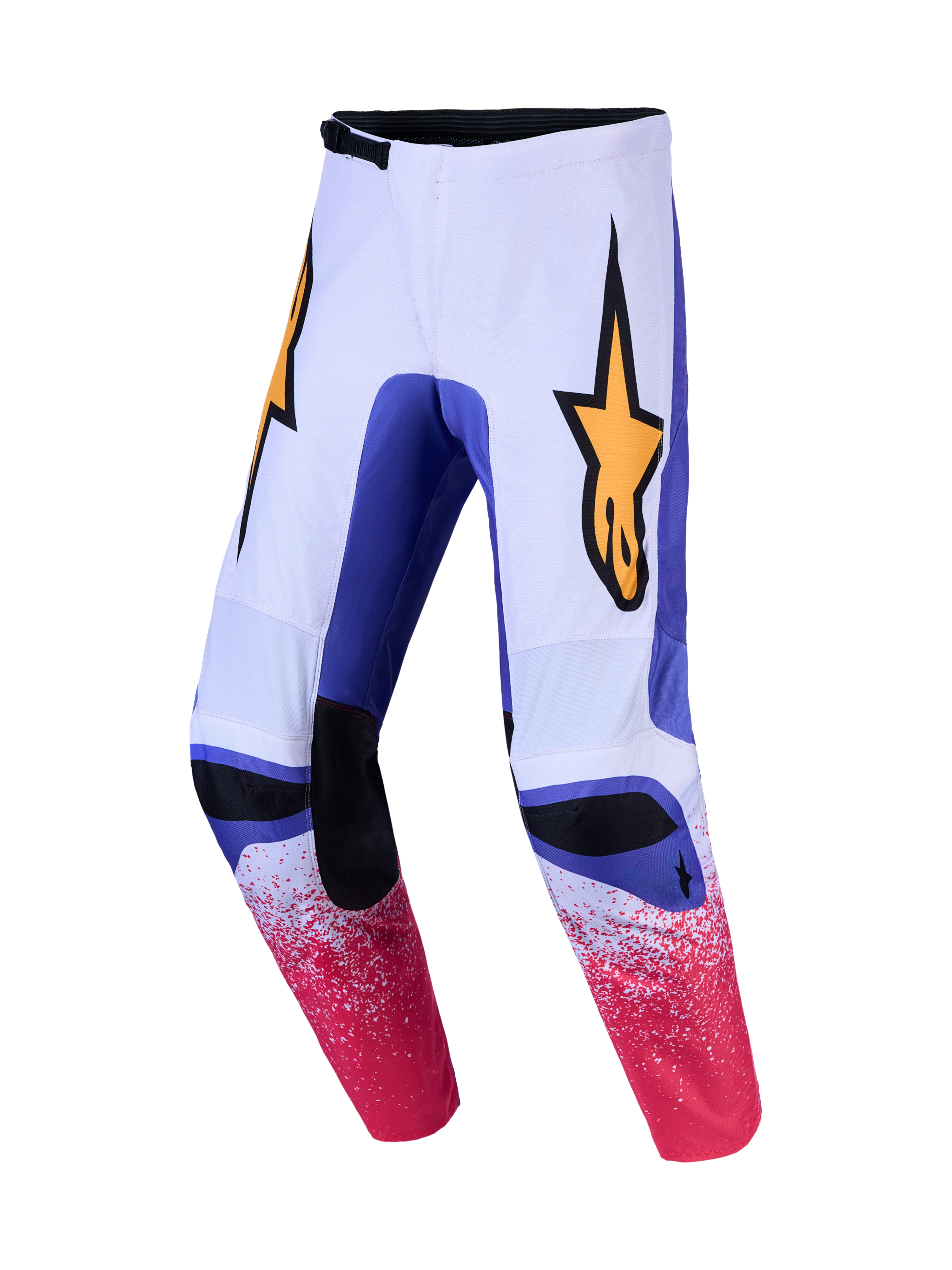 Alpinestars Fluid Drag, calças de motocross todo-o-terreno brancas e azuis, com gráficos rosa salpicados e logótipo amarelo