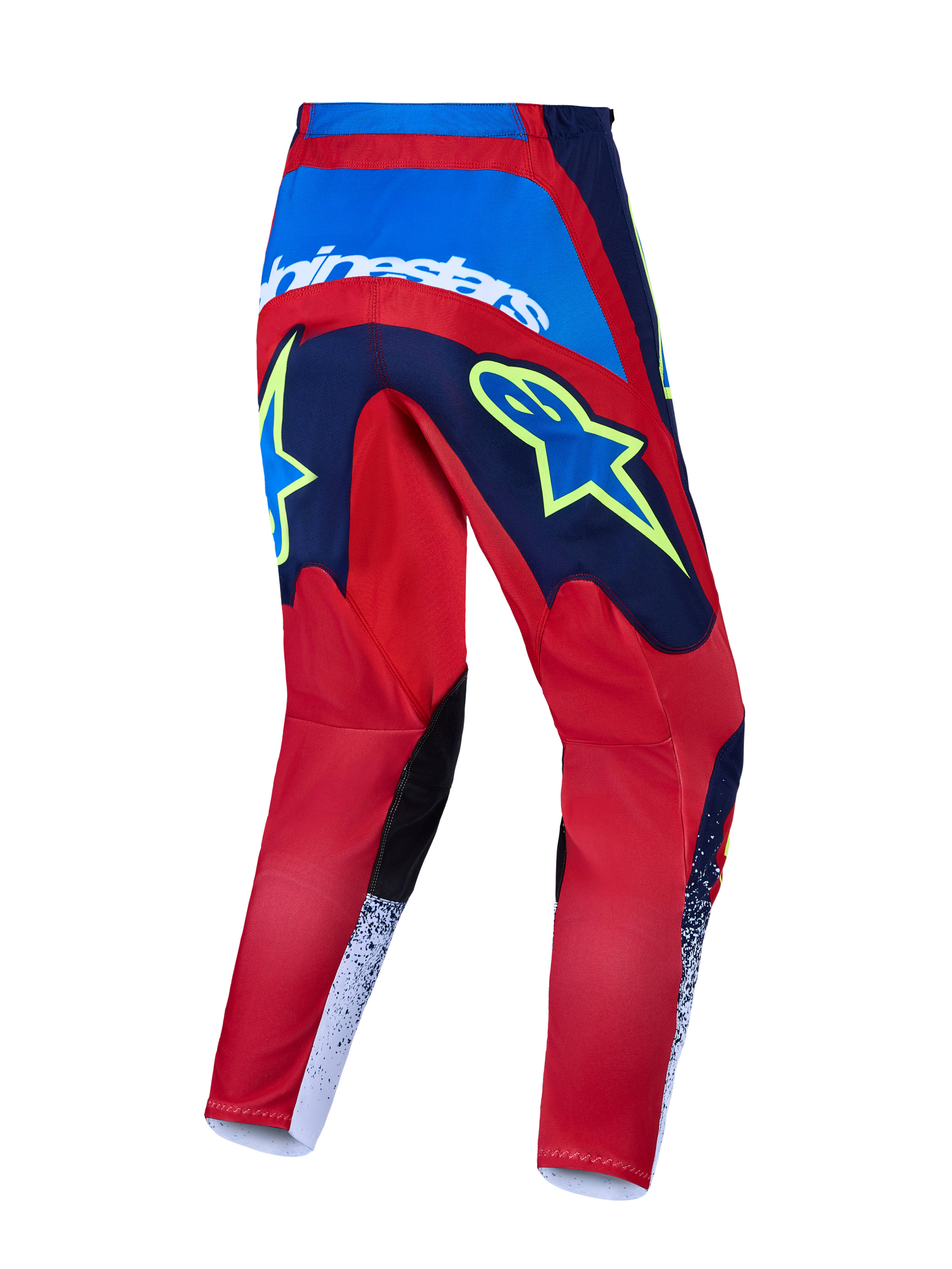 Calças Alpinestars Fluid Drag, motocross para homem, azul-marinho e vermelho com detalhes brancos e amarelos, vista traseira.