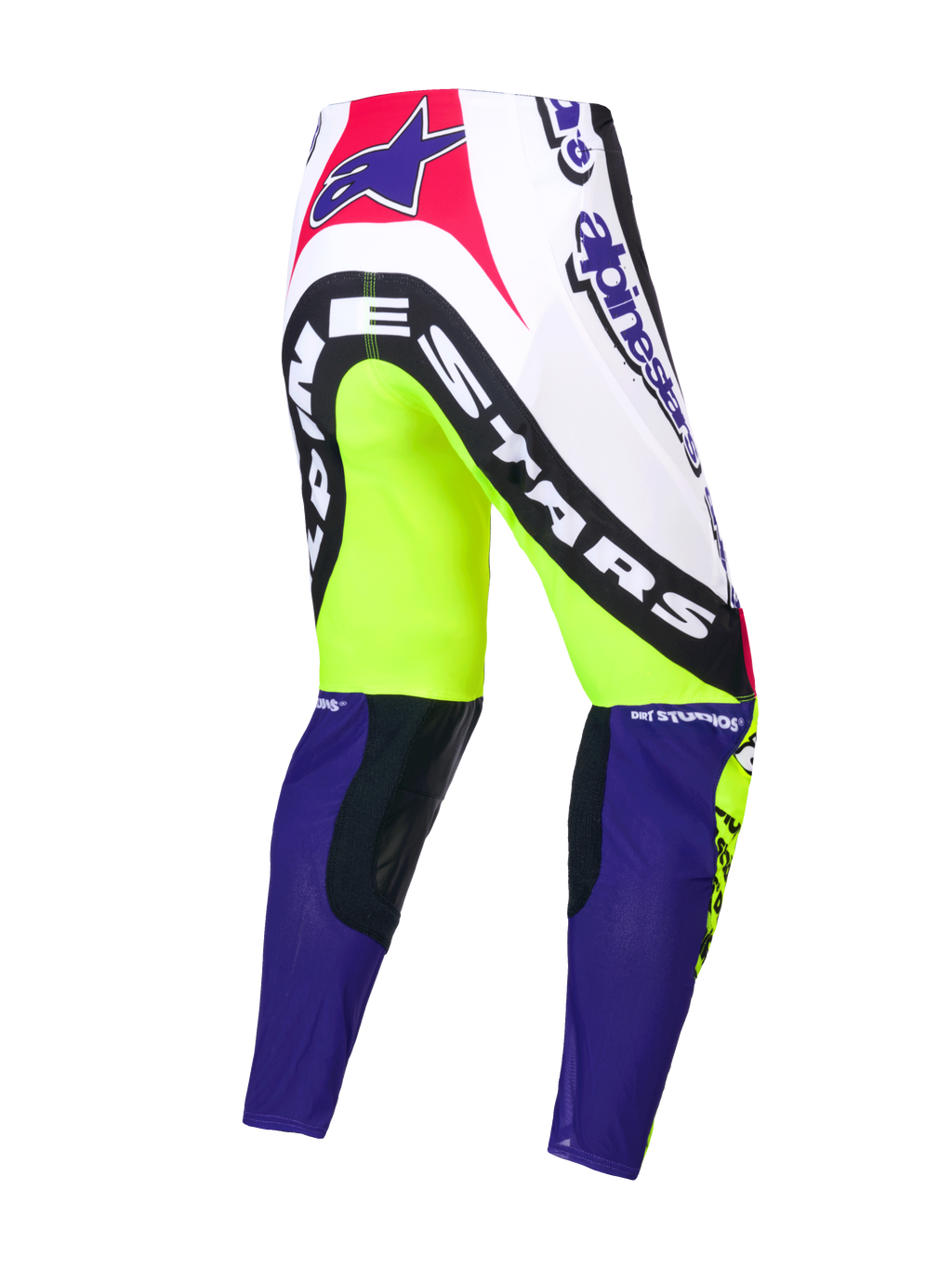 Calças Supertech Dirt Studios® Edição Limitada, calças de motocross, brancas, roxas e amarelo-fluorescente, construção elástica rip-stop de camada única com painéis de couro nos joelhos, vista traseira com gráficos da marca