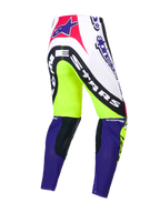 Calças Supertech Dirt Studios® Edição Limitada, calças de motocross, brancas, roxas e amarelo-fluorescente, construção elástica rip-stop de camada única com painéis de couro nos joelhos, vista traseira com gráficos da marca