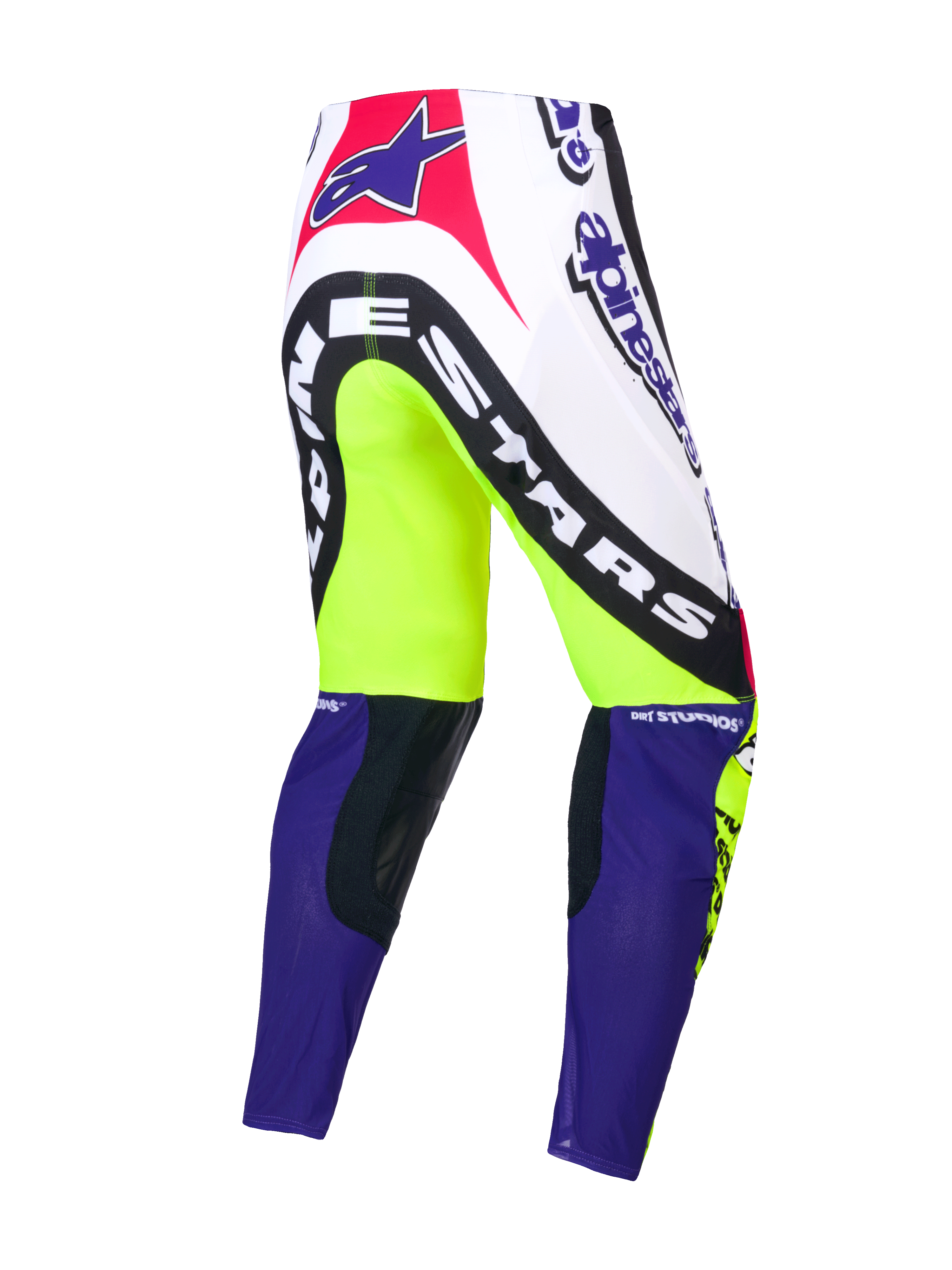 Calças Supertech Dirt Studios® Edição Limitada, calças de motocross, brancas, roxas e amarelo-fluorescente, construção elástica rip-stop de camada única com painéis de couro nos joelhos, vista traseira com gráficos da marca