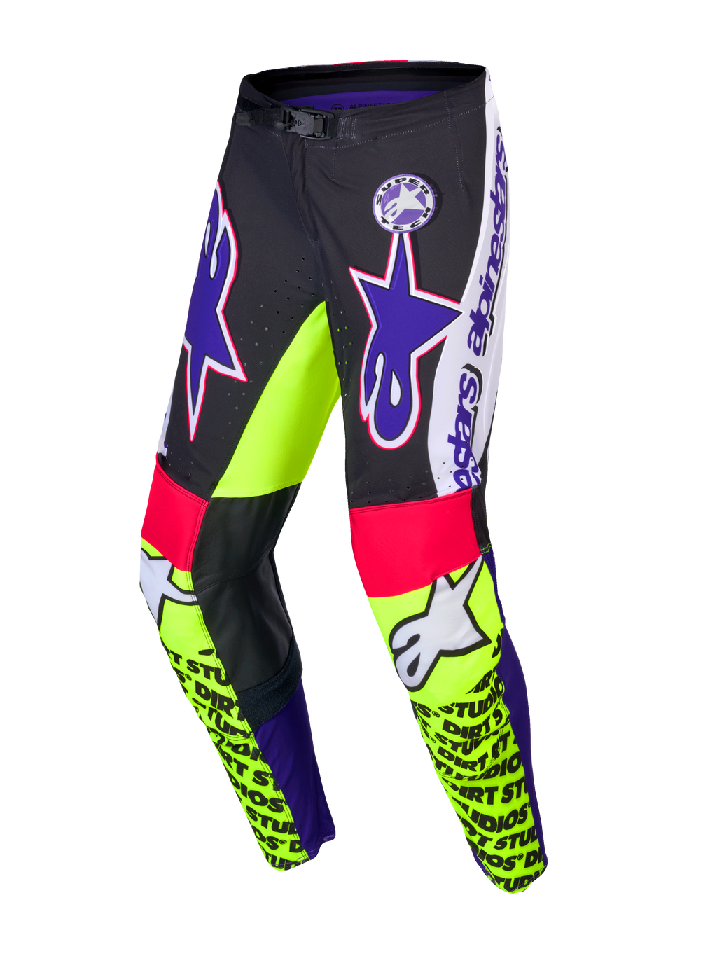 Alpinestars Calças Supertech Dirt Studios® Edição Limitada, calças de motocross, brancas, roxas e amarelo flúor, tecido rip-stop elástico com painéis em couro nos joelhos