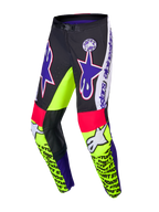 Alpinestars Calças Supertech Dirt Studios® Edição Limitada, calças de motocross, brancas, roxas e amarelo flúor, tecido rip-stop elástico com painéis em couro nos joelhos