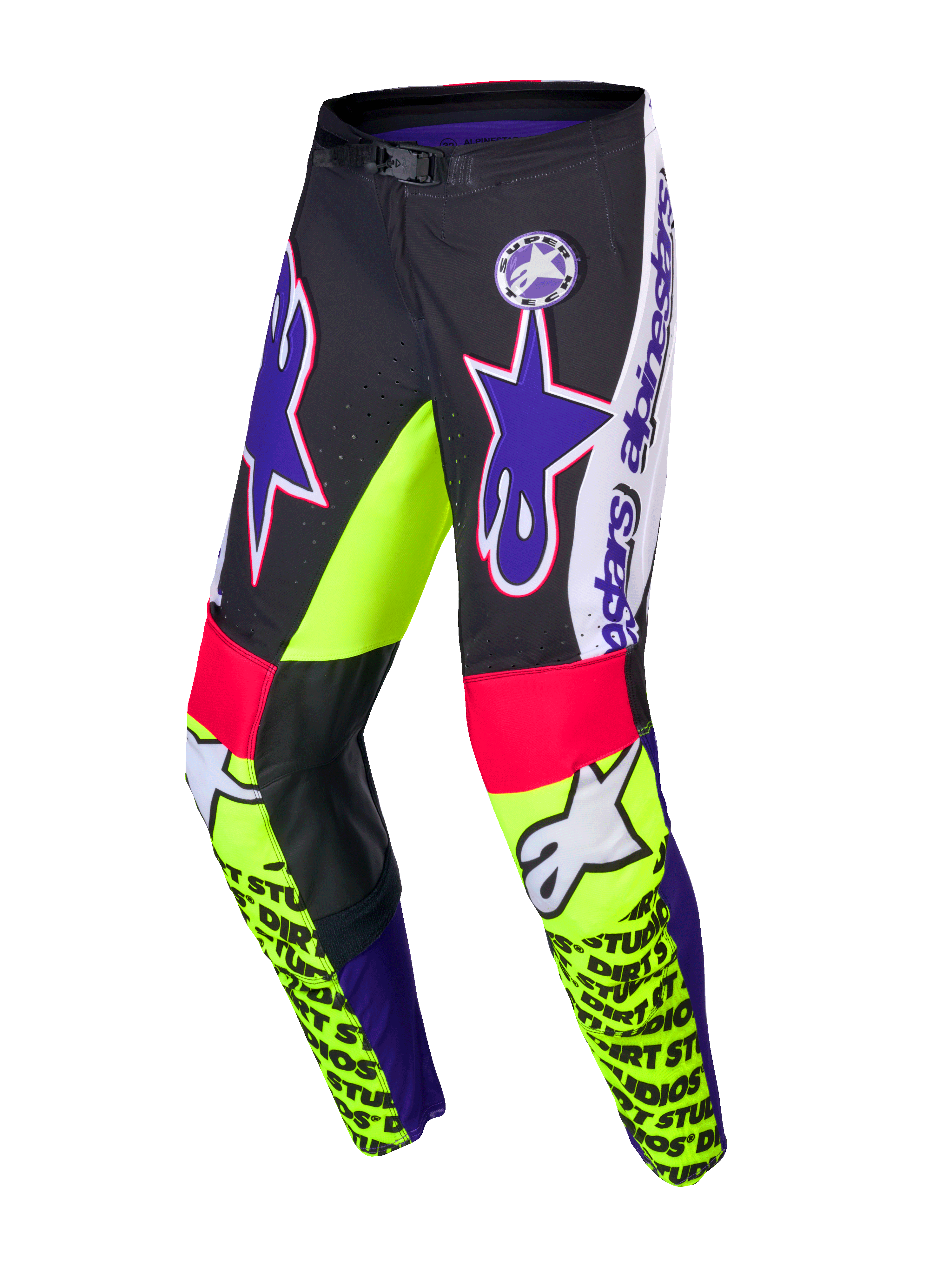 Alpinestars Calças Supertech Dirt Studios® Edição Limitada, calças de motocross, brancas, roxas e amarelo flúor, tecido rip-stop elástico com painéis em couro nos joelhos