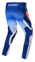 Alpinestars 2023 Racer Semi Pants, calças de motocross, azul e laranja vibrante, vista traseira com painéis em azul gradiente e branco, logótipo Alpinestars em laranja na anca, reforços internos em pele preta, design técnico para condução todo-o-terreno