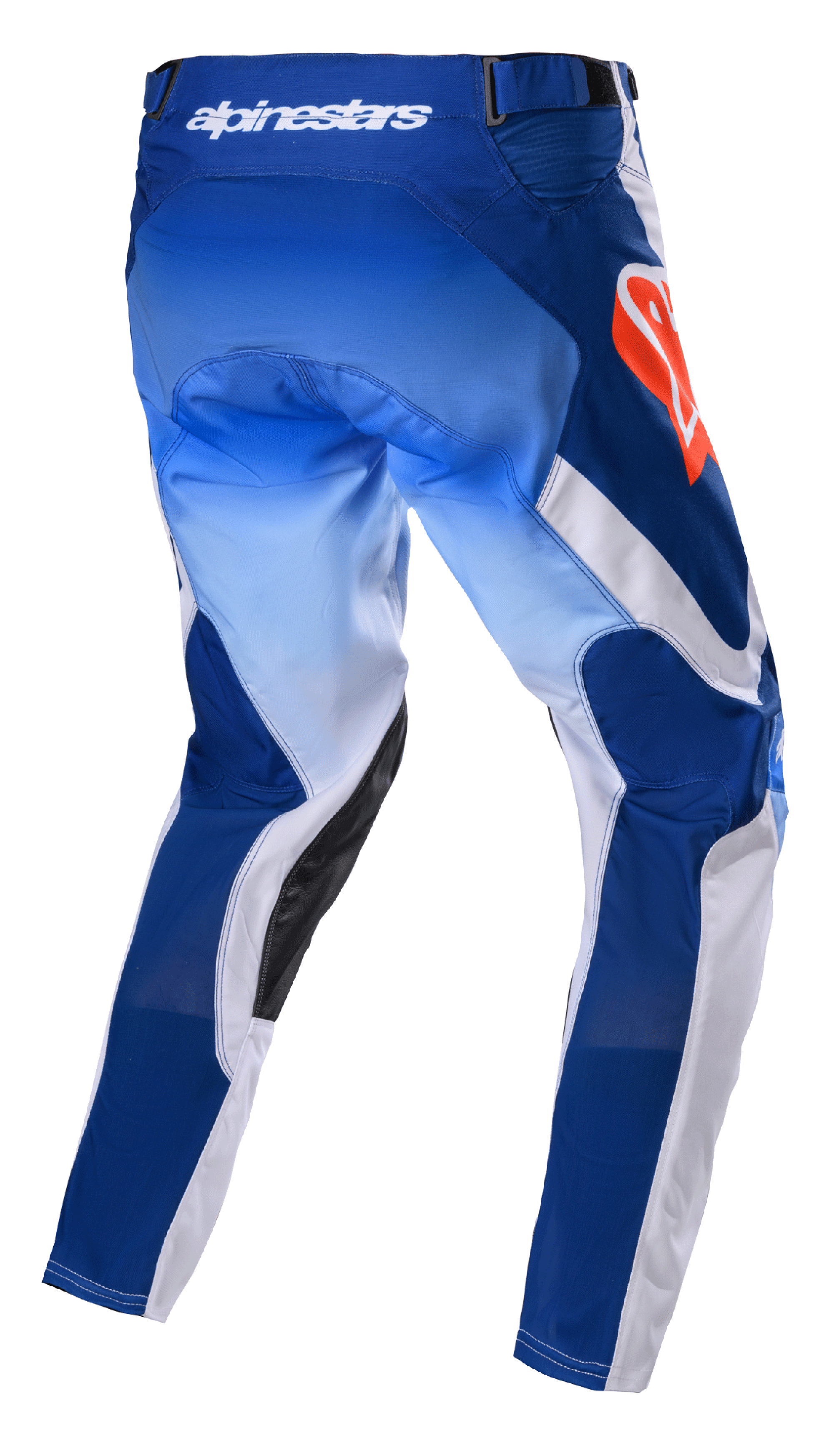 Alpinestars 2023 Racer Semi Pants, calças de motocross, azul e laranja vibrante, vista traseira com painéis em azul gradiente e branco, logótipo Alpinestars em laranja na anca, reforços internos em pele preta, design técnico para condução todo-o-terreno
